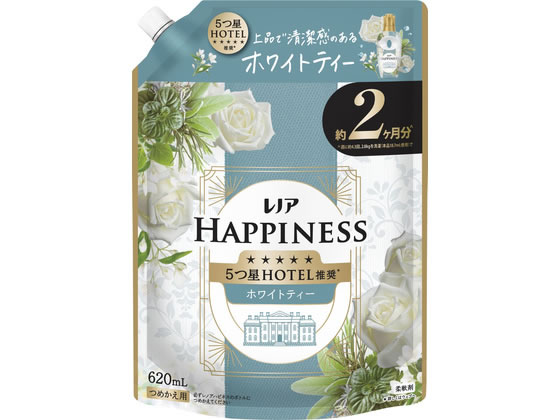 【商品説明】●ホワイトティー：高級ホテルのエントランスにただようホワイトティーの贅沢な香り。●汗をかいても防臭。●部屋干しOK※1。●赤ちゃん用衣類もやわらかく●静電気を抑制。※1　いい香り。【仕様】●つめかえ用●内容量：620mL●成分：界面活性剤（エステル型ジアルキルアンモニウム塩）、安定化剤、香料【備考】※メーカーの都合により、パッケージ・仕様等は予告なく変更になる場合がございます。【検索用キーワード】レノアハピネス　夢ふわタッチ　ホワイトティー　詰替　特大　620mL　P＆Gジャパン　ピーアンドジージャパン　ぴーあんどじーじゃぱん　ピーアンドジー　ぴーあんどじー　P＆G　レノア　洗濯　柔軟剤　防臭　部屋干し　静電気　香り　肌ざわり　清潔感　上質　高級感　洗剤　衣料用洗剤　X397TY5つ星HOTEL推奨　上品で清潔感のあるホワイトティーの香り。