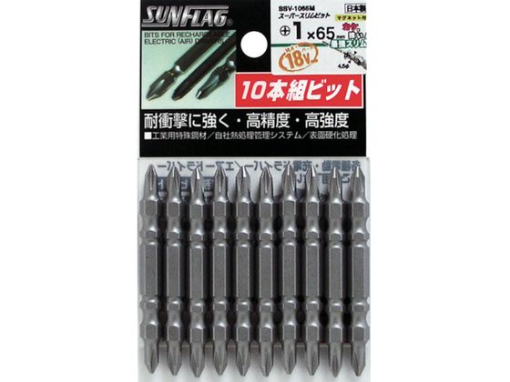 【商品説明】●先端がスリム形状になっており、ねじ頭が見やすく作業効率が大幅にアップします。●芯ブレ精度が高くスムーズなトルク伝達で打ち込みバランスが安定しています。●耐衝撃性に強く先端強度を保持しており、カケにも強いです。【仕様】●型番：SSV-1065M●入数：10本●刃先：［［＋］］1●全長（mm）：65●硬さ：H●先端：マグネット入り●特殊鋼【備考】※メーカーの都合により、パッケージ・仕様等は予告なく変更になる場合がございます。【検索用キーワード】サンフラッグスーパースリムビット＃1×65mm1Pk袋＝10本入　サンフラッグスーパースリムビット＃1X65mm1パックフクロ＝10ポンイリ　サンフラッグ電動工具　SSV1065M　電動工具　油圧工具　空圧工具　ドライバービット　両頭ビット　両頭ドライバービット　4906842111286　3961460　サンフラッグ　スーパースリムビット　＃1×65mm　（1Pk（袋）＝10本入）　SSV−1065M　X631AV建築・内装・電設・車両・建具・家具など、様々な場面で使用して頂けます。