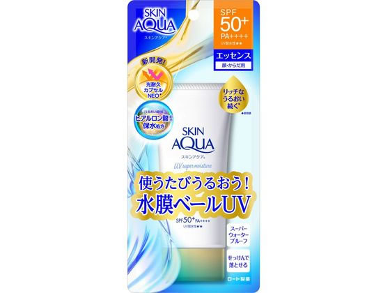 【商品説明】全身にのばしやすいジェルで使うたびうるおう水膜ベールUV。ヒアルロン酸Naと超低分子ヒアルロン酸が肌の表面と角層深くで保水し、肌吸着型ヒアルロン酸が肌表面にうるおいを留める3つのうるおい成分配合。UV−A波・UV−B波まで、幅広い紫外線をブロックすると同時に紫外線などの光によるUVカット機能の低下が起こりにくい成分を搭載した天然由来成分のカプセル【仕様】●エッセンスタイプ●SPF50＋／PA＋＋＋＋／UV耐水性★★●顔・からだ用●スーパーウォータープルーフ●内容量：80g●無香料、無着色、鉱物油フリー、パラベンフリー●注文単位：1本生産国：日本商品区分：化粧品メーカー：ロート製薬株式会社広告文責：フォーレスト株式会社　0120-40-4016【備考】※メーカーの都合により、パッケージ・仕様等は予告なく変更になる場合がございます。【検索用キーワード】スキンアクア　日焼け止め　日やけ止め　紫外線　紫外線対策　UV　uv　UVケア　uvケア　プチプラ日焼け止め　ヒアルロン酸　みずみずしい　うるおい　保水　石けんで落とせる　エッセンスタイプ　化粧下地　ロート製薬　ロートセイヤク　ROTOS　ろーと　スキンアクア　スーパーモイスチャーエッセンス　すきんあくあ　すーぱーもいすちゃーえっせんす　80g　スキンアクアスーパーモイスチャーエッセンス80g　すきんけあ　サンケア　UVケア　エッセンスタイプ　SPF50＋　PA＋＋＋＋　UV耐水性★★　80g　スキンケア　基礎化粧品　uv_01　XW0701水膜ベールUV。全身にのばしやすいジェルタイプ。