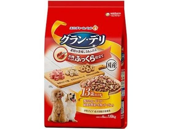 【仕様】●原料：穀類（小麦粉、トウモロコシ、パン粉、小麦グルテン）、糖類（ブドウ糖果糖液糖、ショ糖、粉末水あめ）、肉類（ビーフミール、ポークミール、ビーフ、チキンエキス、チキンミール、ササミパウダー）、豆類（脱脂大豆、大豆パウダー、おからパウダー、大豆エキス、大豆タンパク）、油脂類、魚介類（フィッシュミール、小魚パウダー）、ビール酵母、セルロースパウダー、チーズパウダー、野菜類（ニンジンパウダー、カボチャパウダー、ホウレンソウパウダー）、プロピレングリコール、ミネラル類（カルシウム、塩素、銅、鉄、ヨウ素、カリウム、ナトリウム、リン、亜鉛）、グリセリン、乳化剤、増粘安定剤（加工でん粉、アルギン酸エステル）、保存料（ソルビン酸K、ソルビン酸）、ソルビトール、pH調整剤、調味料、ビタミン類（A、B1、B2、B6、B12、C、D、E、K、コリン、パントテン酸）、着色料（二酸化チタン、赤色40号、赤色106号、黄色4号、黄色5号、青色1号）、グルコサミン塩酸塩、リン酸塩、酸化防止剤（アスコルビン酸Na、ミックストコフェロール、ハーブエキス、ローズマリー抽出物）、コンドロイチン硫酸、発色剤（亜硝酸Na）●入数：1．6kg【備考】※メーカーの都合により、パッケージ・仕様等は予告なく変更になる場合がございます。【検索用キーワード】ユニ・チャーム　ゆにちゃーむ　グラン・デリふっくら13歳1．6kg　グラン・デリ　ふっくら　13歳　1．6kg　グランデリふっくら　全犬種用　高齢犬用　13歳以上用　総合栄養食　分包タイプ　1600g　ドライフード　ペットフード　ドッグフード　ドックフード　エサ　餌　えさ　パウチタイプ　犬　いぬ　イヌ　ドッグ　dog　ぺっと　pet　ペット　花　ガーデニング　DIY　犬用品　フード　ドッグフード　ペット　犬ドッグ　ドライフード犬　XW1159国産のお肉たっぷり、美味しいふっくら仕立てのグルメフード