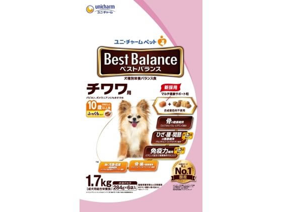 【仕様】●原料：穀類（小麦粉、トウモロコシ、小麦グルテン、玄米）、肉類（チキンミール、ささみ、チキン、チキンエキス）、糖類（ブドウ糖果糖液糖、ショ糖、粉末水あめ）、豆類（大豆、大豆エキス、脱脂大豆、おからパウダー）、魚介類（フィッシュミール、小魚パウダー、フィッシュエキス）、油脂類、酵母、野菜類（ビートパルプ、ニンジンパウダー、カボチャパウダー、ホウレンソウパウダー）、ゼラチン、プロピレングリコール、グリセリン、乳化剤、ソルビトール、保存料（ソルビン酸K、ソルビン酸）、ミネラル類（塩素、銅、鉄、ヨウ素、カリウム、ナトリウム、亜鉛）、増粘安定剤（加工でん粉）、pH調整剤、調味料、ビタミン類（A、B1、B2、B6、B12、D、E、K、コリン、パントテン酸）、ミルクカルシウム、グルコサミン塩酸塩、トレハロース、リン酸塩、酸化防止剤（アスコルビン酸Na、ミックストコフェロール、ハーブエキス、ローズマリー抽出物）、コンドロイチン硫酸●入数：1．7kg【備考】※メーカーの都合により、パッケージ・仕様等は予告なく変更になる場合がございます。【検索用キーワード】ユニ・チャーム　ゆにちゃーむ　ベストバランスふっくらチワワ10歳1．7kg　ベストバランス　ふっくら　チワワ　10歳　1．7kg　ベストバランスふっくら仕立て　全犬種用　高齢犬用　10歳以上用　総合栄養食　分包タイプ　1700g　ドライフード　ペットフード　ドッグフード　ドックフード　エサ　餌　えさ　パウチタイプ　犬　いぬ　イヌ　ドッグ　dog　ぺっと　pet　ペット　花　ガーデニング　DIY　犬用品　フード　ドッグフード　ペット　犬ドッグ　ドライフード犬　XW119210歳以上のチワワに合わせた専用粒サイズ設計