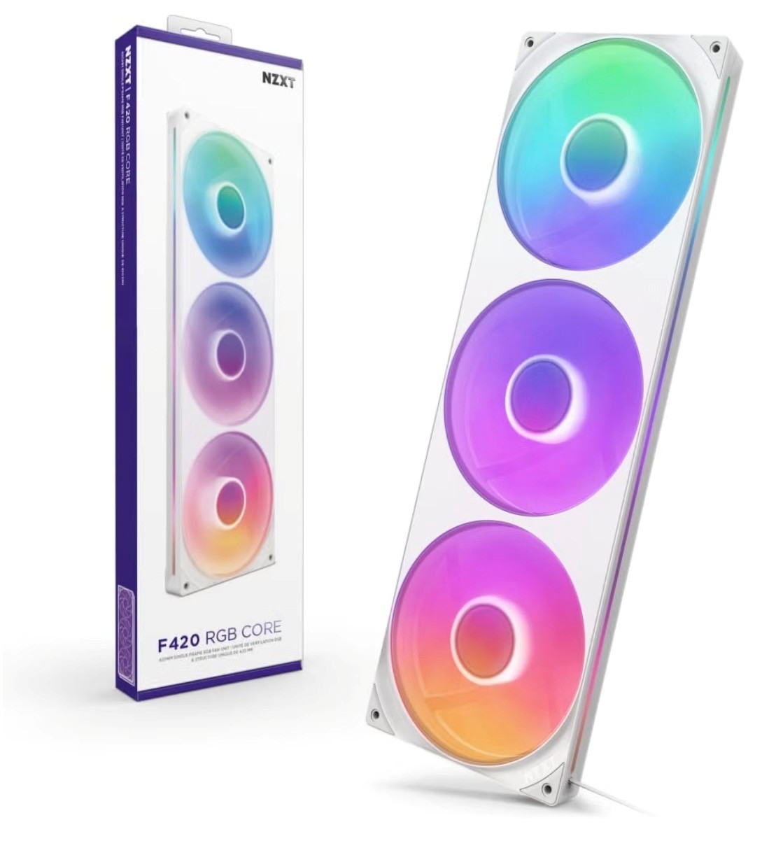 NZXT F420 RGB Core Fan White 3ファン搭載 420mm シングルフレーム RGBファン RF-U42HF-W1 FN2516 3連ファン　ファン　RGB　ケースファン　PCファン　冷却ファン　自作パソコン　パソコン　一体型　静音　発光　おしゃれ　きれい　ホワイト　白 ●簡単な設置と高い冷却効率を両立したシングルフレームデザインのPCケースファンです。●高性能と静音性を兼ね備え、スタイリッシュなライティングも楽しめます。●カラー：ホワイト●製品サイズ：420 x 140 x 26mm●ファン回転数：500～2000 ± 200rpm●ファン風量：98.61CFM●ファン風圧：3.2mmH2O●ファンノイズレベル：34.5dBA●ファンベアリング：流体動圧軸受 (FDB)●MTTF：60000時間●ケーブル長さ：600mm●LED：8個/各ファン●付属品：取り付けネジ×4、RGB＆PWMアダプタケーブル×1 5