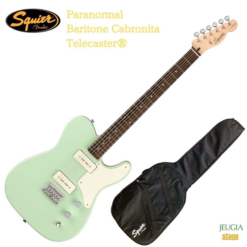 Squier Paranormal Baritone Cabronita Telecaster Baritone Cabronita Telecaster?は、Telecaster?の可能性を押し広げるモデルです。フェンダーが設計したアルニコシングルコイルソープバーピックアップを2基搭載したカブロニータスタイルの本モデルは、バリトンギターならではのトーンのユニークさと相まって、間違いなく人の心を惹きつけることでしょう。Slim “C”シェイプのネックが優れたプレイアビリティを提供し、ストリングスルーボディブリッジがチューニングの安定性を実現します。 [ 特長 ] ・バリトンチューニング ・2基のフェンダーデザインのアルニコシングルコイルソープバーピックピックアップ ・String-through-bodyブリッジ ・27インチスケール ・クロームハードウエア Squier Paranormal Baritone Cabronita Telecaster Specs Body Body Material: Poplar Body Shape: Telecaster? Body Finish: Gloss Polyurethane Neck Neck Material: Maple Neck Finish: Gloss Polyurethane Neck Shape: "C" Shape Scale Length: 27" (686 mm) Fingerboard Material: Indian Laurel Fingerboard Radius: 9.5" (241 mm) Number of Frets: 22 Fret Size: Narrow Tall Nut Material: Synthetic Bone Nut Width: 1.650" (42 mm) Position Inlays: Pearloid Dot Truss Rod: Head Adjust Electronics Bridge Pickup: Fender? Designed Alnico Soapbar Single-Coil Neck Pickup: Fender? Designed Alnico Soapbar Single-Coil Controls: Master Volume, Master Tone Switching: 3-Position Toggle: Position 1. Bridge Pickup, Position 2. Bridge And Neck Pickups, Position 3. Neck Pickup Configuration: SS Hardware Bridge: 6-Saddle Strings-Through-Body Hardtail Hardware Finish: Chrome Tuning Machines: Vintage-Style Pickguard: 1-Ply Parchment Control Knobs: Knurled Flat-Top Switch Tip: Parchment Neck Plate: 4-Bolt Squier? Miscellaneous Strings: Nickel Plated Steel (.014-.068 Gauges) ※商品画像はサンプルです。 ★掲載の商品は店頭や他のECサイトでも並行して販売しております。在庫情報の更新には最大限の努力をしておりますが、ご注文が完了しましても売り切れでご用意できない場合がございます。 　また、お取り寄せ商品の場合、生産完了などの理由でご用意できない場合がございます。 　その際はご注文をキャンセルさせていただきますので、予めご了承くださいませ。 ★お届け先が北海道や沖縄、その他離島の場合、「送料無料」と表記の商品であっても別途中継料や送料を頂戴いたします。その際は改めてご連絡を差し上げますのでご了承ください。