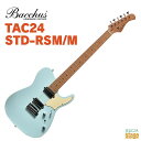 Bacchus TAC24 STD-RSM/M ・最新機種にポップな見た目のスタンダードモデルが登場！ 上位機種「TACTICS」から仕様を受け継いだTAC24モデルに、ポップなルックスのスタンダードモデルが新登場。 24フレット仕様にはじまり、二点支持トレモロとロック式ペグを備えた、モダン・スタイルに忠実な機種です。 テクニカルなプレイの入門用としてはもちろん、これからギターを始める方にとってもピッタリなプレイアビリティを兼ね備えます。 ・幅広い表現を可能とする24フレット仕様 24フレット仕様を採用したことで、音域が広がるため、演奏性も広がります。 ハイポジションを使用したメロディや、スウィープでローからハイまで縦横無尽に一掃するプレイングなどに適しております。 テクニカル系ギタリストの方はもちろん、最近よく耳にするネオソウル系のギタリストの方にも是非演奏して欲しい仕様です。 ・ローステッドメイプルネック採用 ローステッドメイプルとはメイプルを高温で加熱処理して材の中の水分や油分を揮発させることにより木材を経年変化した状態に人工的に近づけた材のことです。 経年劣化が進んだ材は歪みやねじれが生じにくくなります。 ネックに使用されるとその効果は安定性だけでなくサウンドにも及び、豊かな生鳴りと経年変化したビンテージのようなこなれたトーンを生み出します。 一般的に高級機種などで用いられる材ですが、手に取りやすい価格帯に落とし込むことに成功しました。 ※ロースト加工による色の変化の程度や、メイプルの木目には個体差があります。 ネックにはBacchusの新機軸でもあるローステッドメイプルを採用。ローストする工程上でゆがみが生じてしまうような木材はその時点で淘汰されるため、ネックとして搭載されている個体は非常にゆがみやねじれに強く、比較的手に取りやすい価格帯ながら長い間ご愛用できる仕様となっております。 ・HH配列のピックアップ＆コイルタップ 2ハムバッカー仕様となっており、パワフルなサウンドが魅力的です。 24フレット、2スタッドトレモロ等の仕様と相まってモダンな印象に仕上がっています。 ハードなリードからテクニカルなソロプレイまで演奏をサポートします。 コイルタップスイッチで切り替えることで、シングルコイルさながらの歯切れのよいサウンドを鳴らすことも可能となります。 これにより、音作りの幅が広がり、まさにジャンルレスに活躍する1本となりました。 ・ハイフレットの演奏性を高めるヒールレスカット ハイフレットの演奏性をサポートする為、ジョイント部分にはヒールカットが施されております。 ヒールカットの形状も良く、ハイフレットを演奏する際に手にフィットし違和感を感じさせない仕上がりになっております。 ・2点支持トレモロユニット&ロック式ペグ搭載 Bacchus Universe Seriesでは、初採用となる2点支持トレモロユニット搭載しております。 左右の2点のスタッドを支点にすることでアーミング時に発生する可動部の抵抗がはるかに少なくなり、滑らかなアーミングとより安定したチューニングを実現しました。 トレモロアームの固定方法について トレモロブロック側面のイモネジを締め込むことで、アームを固定するトルクの調整が可能です。 アームダウンを行いイモネジ部分を露出させ、本体付属の1.5mm径のレンチにて調節を行ってください。 ※レンチを差し込んだ状態でアームダウンを解除すると、塗装面を傷つけてしまう恐れがございますのでご注意ください。 さらに、ペグ裏のホイールを回すとストリングポスト内のポールが上昇し、弦を挟み込んで固定する機構の「ロック式ペグ（Locking Tuner）」を搭載。弦交換を容易にするだけでなく、チューニングの安定性を向上させる効果もあります。こちらもBacchus Universe Series初の採用です。 ※各部位の詳細画像はM-SFGでございます。 Bacchus TAC24 STD-RSM/M Specs Body: Hardwood Neck: Roasted Maple Fingerboard: Roasted Maple Nut: ABS Bridge: 2 points Tremolo Machineheads: Locking tuner Fret: Nickel Silver Pickups: Original H-H set Controls: 1Vol,1Tone,3Way PU Selector SW,Coil Tap SW Scale: 648mm(25.5inch) Width at Nut: 42.0mm Fingerboard Radius: 400R Finish: Urethane Accessories: ソフトケース、レンチ、保証書 ★商品画像はサンプルです。実際にお送りする個体と杢目、色味など異なる場合がございます。予めご了承ください。 ★掲載の商品は店頭や他のECサイトでも並行して販売しております。在庫情報の更新には最大限の努力をしておりますが、ご注文が完了しましても売り切れでご用意できない場合がございます。 　また、お取り寄せ商品の場合、生産完了などの理由でご用意できない場合がございます。 　その際はご注文をキャンセルさせていただきますので、予めご了承くださいませ。 ★お届け先が北海道や沖縄、その他離島の場合、「送料無料」と表記の商品であっても別途中継料や送料を頂戴いたします。その際は改めてご連絡を差し上げますのでご了承ください。