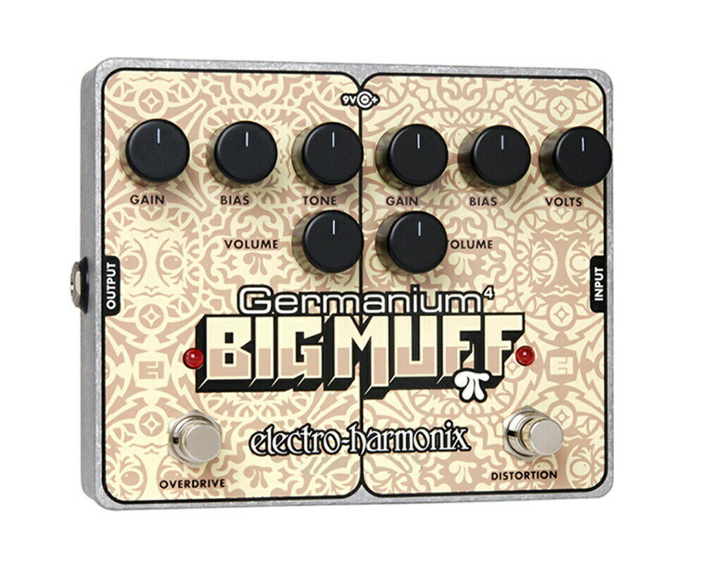 ELECTRO-HARMONIX ( エレクトロハーモニックス ) / GERMANIUM 4 BIG MUFF PI ELECTRO-HARMONIX / Germanium 4 Big Muffは、2つずつゲルマニウム・トランジスタを搭載したオーバードライブとディストーションを1つのボディに収めた歪みペダル。それぞれのエフェクトを単体あるいは同時に使用可能です。DIST.セクションには、電圧低下時の動作と歪の質を調整するVoltsとBiasコントロールを、ODセクションには、BiasとToneコントロールを搭載。 幅広い歪キャラクターを調整でき、同時使用時には4つのゲルマニウムを十分に堪能できる独特のサウンドを得ることができます。 ■ギター用エフェクター ■ディストーション/オーバードライブ ■ゲルマニウム・トランジスタを4個搭載 ■多彩なディストーション・サウンドを実現するBias／Voltsコントロールを搭載 ■Voltsコントロールは消耗により電圧が降下した電池を使用した際の動作を再現 ■ゲルマニウム・トランジスタを搭載したBig Muff。想像をはるかに超えた夢のモデルです。Germanium 4 Big Muffには独立したオーバードライブとディストーションを搭載しています。オーバードライブとディストーションは、それぞれにゲルマニウム・トランジスタを2個づつ、計4個搭載しています。これらによりゲルマニウム独自の歪みを生み出します。 ■ディストーションにはVoltsコントロールとBiasコントロールを搭載。Voltsは電圧が低下した電池を使用したときの動作を再現します。Biasコントロールは歪みの質を変化させます。オーバードライブにはBiasコントロールとToneコントロールを搭載しています。 ■これらの豊富なコントロールにより歪みのキャラクターを自在に操れます。更にディストーションとオーバードライブは組み合わせて、4ゲルマニウム・ディストーションとしても使用できます。2つの回路を組み合わせる事で、多彩なゲルマニウムMuffサウンドを生み出します ※画像はイメージです。 ※商品の汚れや状態はお問い合わせ下さい。 ※掲載の商品は店頭や他のECサイトでも並行して販売しております。在庫情報の更新には最大限の努力をしておりますが、ご注文が完了しましても売り切れでご用意できない場合がございます。 その際はご注文をキャンセルさせていただきますので、予めご了承くださいませ。 また、お取り寄せ商品の場合、生産完了などの理由でご用意できない場合がございます。 ※お届け先が北海道や沖縄、その他離島の場合、「送料無料」と表記の商品であっても別途中継料や送料を頂戴いたします。その際は改めてご連絡を差し上げますのでご了承ください。　