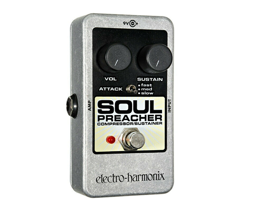 ELECTRO-HARMONIX ( エレクトロハーモニックス ) / SOUL PREACHER Soul Preacherはギターやベースでの使用に最適なコンプレッサー/サステイナーです。アタックを3種類で切替可能になっており、シルキーなロング・サステインを生み出します。プレイスタイルに関わらずギターでもベースでも心地よいコンプレッションが得られます。 ■ギター用エフェクター ■コンプレッサー/サスティナー ■コントロール：ボリューム、サスティーン、アタック（FAST、MED、SLOW） ■電源：9V電池または9VDCセンターマイナスアダプター(別売） ※画像はイメージです。 ※商品の汚れや状態はお問い合わせ下さい。 ※掲載の商品は店頭や他のECサイトでも並行して販売しております。在庫情報の更新には最大限の努力をしておりますが、ご注文が完了しましても売り切れでご用意できない場合がございます。 その際はご注文をキャンセルさせていただきますので、予めご了承くださいませ。 また、お取り寄せ商品の場合、生産完了などの理由でご用意できない場合がございます。 ※お届け先が北海道や沖縄、その他離島の場合、「送料無料」と表記の商品であっても別途中継料や送料を頂戴いたします。その際は改めてご連絡を差し上げますのでご了承ください。　