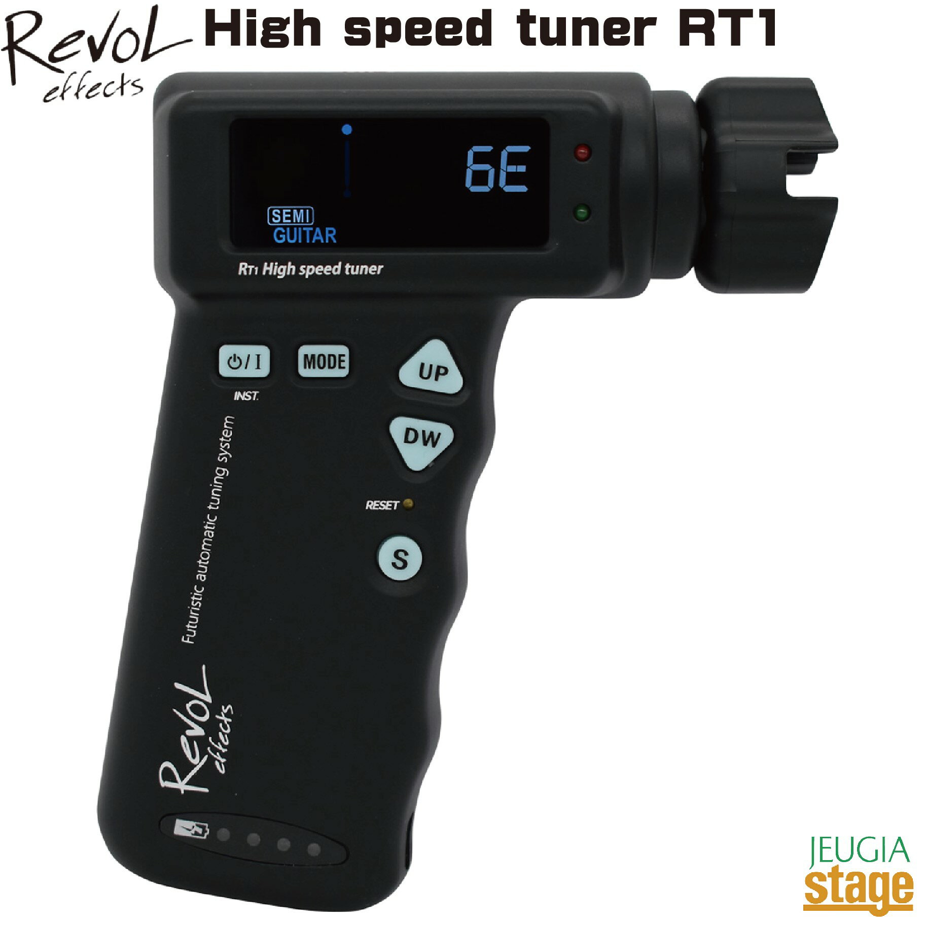 Revol effects RT-1 High speed tuner 概要 【以下メーカーサイトより】 RT1はギターやウクレレのペグに装着し、弦を弾くだけで自動でチューニングを行うオートマチックチューナーです。毎分180回転の高速ギアを搭載。オート、セミオート、カスタムの3種類のモードでプレイヤーをアシストします。 *ウクレレはオート、セミオートモードの2種類が選択可能 6弦エレキギター、アコースティックギター、クラシックギター及びウクレレに対応。 (ウクレレはLOW-G対応) オートパワーOFF機能搭載。 ・モード：AUTO/SEMI AUTO/CUSTOM ・インストゥルメンツ：GUITAR(ACOUSTIC)/ELECTRIC GUITAR/ ・CLASSIC GUITAR/UKULELE/CHROMATIC ・キャリブレーション：440Hz ・充電時間：約2時間 ・付属品： ・拡張コネクター ・USBケーブル ・取扱説明書 ※カラー液晶ディスプレイの汚れを拭き取る際にパネル文字がにじむ場合がありますが、時間経過で元に戻ります。汚れを拭き取る際、パネルを強く押し付けすぎない様ご注意ください。 ※商品画像はサンプルです。 ★掲載の商品は店頭や他のECサイトでも並行して販売しております。在庫情報の更新には最大限の努力をしておりますが、ご注文が完了しましても売り切れでご用意できない場合がございます。 　また、お取り寄せ商品の場合、生産完了などの理由でご用意できない場合がございます。 　その際はご注文をキャンセルさせていただきますので、予めご了承くださいませ。 ★お届け先が北海道や沖縄、その他離島の場合、「送料無料」と表記の商品であっても別途中継料や送料を頂戴いたします。その際は改めてご連絡を差し上げますのでご了承ください。　