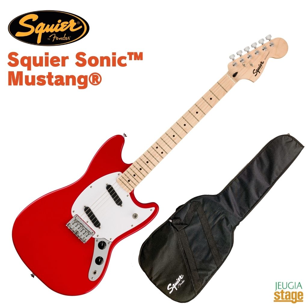 Squier Squier Sonic Mustang Squier Sonic™ Mustang® なら、時間を飛び越えるようなスピードで、どんな音楽でもすぐにギターを始めることができます。象徴的なフェンダースタイル、そして刺激的なトーンをあらゆるプレーヤーにお届けします。 この Mustang® は、薄く軽量なボディに、スリムで魅力的な「C」シェイプネックが相まって、快適な演奏性をもたらします。2基の Squier® シングルコイルピックアップはクリスタルのようにクリアで多彩なトーンを奏でます。 その他、24 インチのショートスケール、信頼性の高いリッジ、スムーズで正確なチューニングが可能なシーイントネーションを実現する 6 サドルハードテイルブルドギアチューニングマシン、耐久性のあるクロムメッキハードウェアなど、魅力的な特徴を数多く備えています。 Squier Squier Sonic Mustang Specs Body Body Material: Poplar Body Shape: Mustang® Body Finish: Gloss Polyurethane Neck Neck Material: Maple Neck Finish: Satin Urethane Neck Shape: "C" Shape Scale Length: 24" (610 mm) Fingerboard Material: Maple Fingerboard Radius: 9.5" (241 mm) Number of Frets: 22 Fret Size: Narrow Tall Nut Material: Synthetic Bone Nut Width: 1.650" (42 mm) Position Inlays: Black Dot Truss Rod: Head Adjust Truss Rod Nut: 4 mm Hex Electronics Bridge Pickup: Ceramic Single-Coil Neck Pickup: Ceramic Single-Coil Controls: Master Volume, Master Tone Switching: 3-Position Toggle: Position 1. Bridge Pickup, Position 2. Bridge and Neck Pickups, Position 3. Neck Pickup Configuration: SS Hardware Bridge: 6-Saddle Top-Load Hardtail with Block Saddles Hardware Finish: Chrome Tuning Machines: Die-Cast Sealed Pickguard: 1-Ply White Control Knobs: Black Plastic Switch Tip: Black Neck Plate: 4-Bolt Squier® Miscellaneous Strings: Nickel Plated Steel (.009-.042 Gauges) ★掲載画像はサンプルです。 ★掲載の商品は店頭や他のECサイトでも並行して販売しております。在庫情報の更新には最大限の努力をしておりますが、ご注文が完了しましても売り切れでご用意できない場合がございます。 　また、お取り寄せ商品の場合、生産完了などの理由でご用意できない場合がございます。 　その際はご注文をキャンセルさせていただきますので、予めご了承くださいませ。 ★お届け先が北海道や沖縄、その他離島の場合、「送料無料」と表記の商品であっても別途中継料や送料を頂戴いたします。その際は改めてご連絡を差し上げますのでご了承ください。