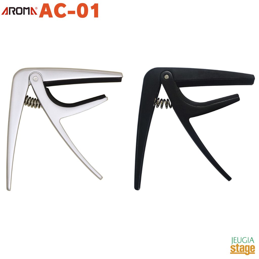 AROMA AC-01 金属製カポ。 高品質のバネとシリコンクッション採用で しっかりと弦を押さえます。 仕様 ・Size: 約 85 x 89 x 10 mm ・Weight: 約 80 g ・Color: SL(Silver) BK(Black) ※商品画像はサンプルです。 ★掲載の商品は店頭や他のECサイトでも並行して販売しております。在庫情報の更新には最大限の努力をしておりますが、ご注文が完了しましても売り切れでご用意できない場合がございます。 　また、お取り寄せ商品の場合、生産完了・メーカー価格改定などの理由でご用意できない場合がございます。 　その際はご注文をキャンセルさせていただきますので、予めご了承くださいませ。 ★お届け先が北海道や沖縄、その他離島の場合、「送料無料」と表記の商品であっても別途中継料や送料を頂戴いたします。その際は改めてご連絡を差し上げますのでご了承ください。