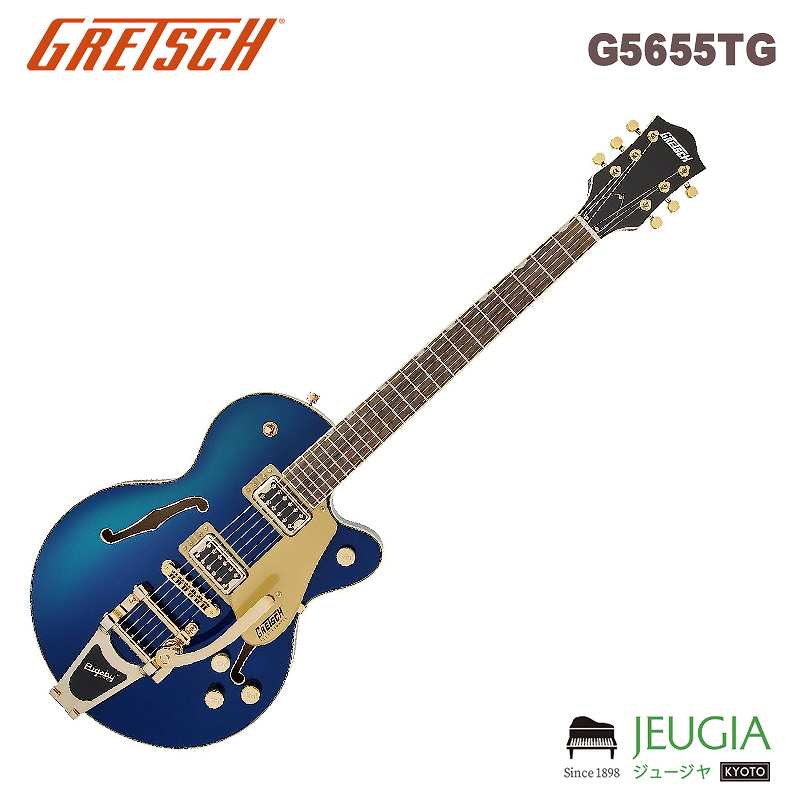 GRETSCH/G5655TG Electromatic Center Block Jr.ギターは、大音量のピュアでパワフルなGretchサウンドを実現するために設計されています。Gretschならではのサウンド、スタイリング、プレイアビリティを追求したこれらの新モデルは、数十年にわたりグレッチを特徴付けてきた、大胆不敵でオーセンティックなサウンドを提供します。それは、名誉あるサウンドそのものであり、誇りをもって演奏されるべきものです。 G5655TG Electromatic Center Block Jr. Single-Cut with Bigsby and Gold Hardwareは、ダイナミックなレゾナンス、ハイゲインパワー、軽量な快適性を実現するチェンバードスプルースセンターブロックを備えたコンパクトばボディが特徴です。 12インチラジアスのローレル指板には22本のミディアムジャンボフレットとNeoClassicサムネイルインレイを採用し、優れた演奏性を実現します。Black Top Broad'Tronハムバッカーを2基搭載し、大胆でダイナミック、かつ明瞭度の高いサウンドとパンチの効いたサウンドを実現します。 Aspen Green、Azure Metallic、Black Gold、Cadillac Green、Orange Stainの5種類の美しいフィニッシュと、ゴールドピックガードやBigsby B70ヴィブラートテイルピース、アンカー付きAdjusto-Maticブリッジ、Gアローノブなどのハードウェアが、ステージを魅了するスタイルを誇ります。 【主な特徴】 やや小さめの14インチシングルカッタウェイメイプルボディにチェンバードスプルースのセンターブロックを採用。 低めにセットされたメイプルネックは、楽な姿勢で演奏が可能 12インチラジアスローレル指板、22本のミディアムジャンボフレット、パーロイドNeo-Classicサムネイルインレイ Black Top Broad'Tronハムバッカーを2基搭載 Treble Bleed回路付きマスターボリューム、マスタートーン、各ピックアップコントロール Bigsby B70ヴィブラートテイルピース アンカー付きAdjusto-Maticブリッジ Graph Tech NuBoneナット ゴールドハードウェア ボディLaminated Maple ボディバックLaminated Maple ボディバインディングAged White with B/AW/B Purfling ボディフィニッシュGloss ボディシェイプElectromatic Center Block ボディトップArched Laminated Maple ブレイシングCenter Block ブリッジAnchored Adjusto-Matic ブリッジカバー/テイルピースBigsby B70 コントロールノブG-Arrow コントロールVolume 1. (Neck Pickup), Volume 2. (Bridge Pickup), Master Volume, Master Tone フィンガーボードLaurel フィンガーボードラジアス12" (305 mm) フレットサイズMedium Jumbo ハードウェアフィニッシュGold ネックSet-Neck ネックフィニッシュGloss ネックMaple ネックシェイプThin "U" フレット数22 ナットの素材Graph Tech NuBone ナット幅1.6875" (42.86 mm) オリエンテーションRight-Hand ピックガードGold Plexi with Black Gretsch and Electromatic Logos ピックアップBlack Top Broad'Tron ピックアップコンフィギュレーションHH ピックアップスイッチ3-Position Toggle: Position 1. Bridge Pickup, Position 2. Bridge And Neck Pickups, Position 3. Neck Pickup ポジションインレイPearloid Neo-Classic Thumbnail スケール24.6" (625 mm) ストリングNickel Plated Steel (.010-.046 Gauges) チューニングマシーンDie-Cast ※商品の汚れや状態はお問い合わせ下さい。 ※掲載の商品は店頭や他のECサイトでも並行して販売しております。在庫情報の更新には最大限の努力をしておりますが、ご注文が完了しましても売り切れでご用意できない場合がございます。 その際はご注文をキャンセルさせていただきますので、予めご了承くださいませ。 また、お取り寄せ商品の場合、生産完了などの理由でご用意できない場合がございます。 ※お届け先が北海道や沖縄、その他離島の場合、「送料無料」と表記の商品であっても別途中継料や送料を頂戴いたします。その際は改めてご連絡を差し上げますのでご了承ください。