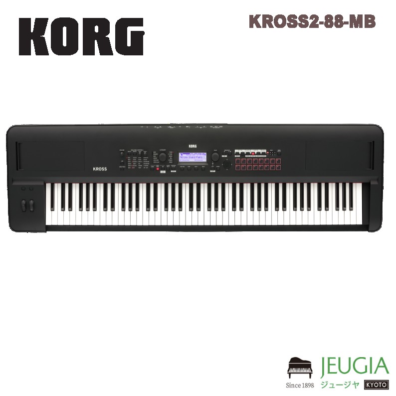 KORG / KROSS2-88-MB さらに強化されたプリセット・サウンド、拡張サウンドの追加も可能に ■1,000以上もの豊富なプリセット音色 世界中の一流ミュージシャンが支持するコルグ・シンセサイザーのサウンド・クオリティ。進化したKROSS 2では、最大同時発音数は80から120ボイスへ、そして内蔵プログラムは809から1,075プログラムへと大幅にパワーアップ。多段レイヤーのピアノやエレピ、厚みのあるストリングスといったバンドの中で抜けのよい新音色に加え、EDMなど現行シーンをカバーした最新のドラムキットなど、ライブ演奏から音楽制作まで幅広く使える充実のプログラムを豊富に収録しています。 ■拡張PCMメモリー内蔵、オプション・ライブラリーに対応 KROSS 2は128MBの拡張PCMメモリーを新たに内蔵。今後リリース予定のオプション・ライブラリーから、自分の演奏したいジャンルやシチュエーションに応じて自由にプログラムを拡張することができます。 ■EDS-i音源のリッチな表現力、充実のエフェクト コルグ・プロフェッショナル・シンセサイザーを継承するハイクオリティなEDS-i（Enhanced Definition Synthesis-integrated）音源。またエフェクトは5基のインサート、2基のマスターの合計7基を同時使用可能。ディレイ、リバーブなどの定番エフェクトから、アンプ・モデリング、ビンテージ・エフェクト、さらにボコーダーまで、134種類の高品位なエフェクトで豊かな表現力を発揮します。 優れたサンプリング機能、パッド・サンプラー KROSS 2には16個のパッドを備えた、クラス初の優秀なサンプリング機能を新たに搭載しています。LINE IN端子からの入力を録音し、パッドそれぞれに最長14秒までのステレオ・サンプルをアサイン。最大4個のパッドを同時トリガーできます。 求める音色や機能に迷わずアクセス ■リアルタイム・コントロール・セクション メニュー階層を潜ることなく主要なパラメーターを直接コントロールできるリアルタイム・コントロール・セクションを新搭載。サウンドエフェクトのリアルタイム・コントロールや、プログラムの簡易的なエディットに加え、ボコーダーの設定や、アルペジエーターシーケンサーのテンポ調整もノブで簡単に行えます。 ■フェイバリット機能 お気に入りのプログラムやコンビネーションを登録してワンタッチで呼び出しできるフェイバリット機能は、前モデルの倍となる合計128個まで登録可能に。ステージでの使用に最適です。 ■クイック・レイヤー/スプリット 2つの音色を重ねたり、左右の鍵盤に別々の音色を割り当てるレイヤー/スプリット機能も、専用のクイック・ボタンで手軽にセットアップ可能です。 ■カテゴリー・ダイヤル 多彩な音色の中から自分の探したい音をすぐに見つけられるようカテゴリー・ダイヤルを用意。ピアノ、オルガンなど音色のおおまかな種類を選んで、スピーディーな選択が可能です。 主な仕様 ■鍵盤部 標準 A0 〜 C8（[-A1 ... C7] 〜 [A1 ... C9] の範囲で可変） 88鍵 NH鍵盤（ナチュラル・ウェイテッド・ハンマー・アクション、ベロシティ対応、アフタータッチ非対応） * NH鍵盤は、低音部では重く、高音部では軽くなる、アコースティック・ピアノのタッチを再現する鍵盤です。 ■システム EDS-i（Enhanced Definition Synthesis - integrated） ■音源部 最大同時発音数120ボイス（120オシレーター）シングル・モード時 60ボイス（60 オシレーター）ダブル・モード時 * 最大同時発音数は、ステレオ・マルチサンプル、ベロシティ・クロスフェードなど、オシレーターの設定により実際の発音数が変化します。プリセットPCMメモリー約128Mbyte（48kHz・16ビット・リニアPCM換算時） 496マルチサンプル（ステレオ7個含む）、1,014ドラムサンプル（ステレオ49個含む）拡張PCMメモリー約128Mbyte（48kHz・16ビット・リニアPCM換算時） * オプションPCMのロード等で使用 プログラムオシレーターOSC1（Single）、OSC2（Double）：ステレオ・マルチサンプル対応、1オシレーターにつき4段階ベロシティ・スイッチ／クロスフェード／レイヤーが可能フィルター4種のフィルター・ルーティング（シングル、シリアル、パラレル、24dB）、1ボイスにつき2基のマルチモード・フィルター（ローパス、ハイパス、バンドパス、バンドリジェクト）モジュレーション1ボイスにつきエンベロープ・ジェネレーター2基（Filter & Amp）、LFO 2基、キー・トラッキング・ジェネレーター2基（Filter & Amp）、AMSミキサー2基、その他に、Pitch EG、コモンLFO、コモン・キー・トラッキング・ジェネレーター2基コンビネーションティンバー数最大16ティンバー、キー・ゾーンやベロシティ・ゾーンの設定による発音の切り替え、レイヤー、クロスフェードが可能、トーン・アジャスト機能によるプログラムの設定変更が可能、マスター・キーボード機能外部MIDI機器のコントロールが可能 ドラムキットステレオ／モノ・ドラムサンプルのアサインが可能、4段階ベロシティ・スイッチ（クロスフェード／レイヤー機能付き） 数*ユーザー・コンビネーション896（384プリロード・コンビネーション）ユーザー・プログラム1,280（768プリロード・プログラム）ユーザー・ドラムキット58（42プリロード・プログラム）プリセット・プログラム265（256 GM2プリセット・プログラム、9 GM2プリセット・ドラム・プログラム）※ 総プリロード／プリセット・プログラム数：1,075（810プリロード・プログラム、265プリセット・プログラム） *KROSS 2-88-MBについては こちらをご覧ください。 フェイバリット メモリー数128（16フェイバリット×8バンク） ■エフェクト インサート・エフェクト5系統、ステレオ入出力マスター・エフェクト2系統、ステレオ入出力エフェクト・タイプ合計134種（インサート・エフェクトは74種、マスター・エフェクト1は101種、マスター・エフェクト2は120種から選択可能）モジュレーションダイナミック・モジュレーションエフェクト・コントロール・パスステレオ・サイドチェイン（リミッター、ゲート、ボコーダー等） ■ポリフォニック・アルペジエーター プログラム・モード1基コンビネーション・モード2基シーケンサー・モード2基プリセット・アルペジオ・パターン5（UP、DOWN、ALT1、ALT2、RANDOM）ユーザー・アルペジオ・パターン1,280（1,024プリロード） トーン数：12トーン ステップ数：最大64ステップ ■ステップ・シーケンサー プログラム・モード コンビネーション・モード シーケンサー・モード1基 トーン数：12トーン＋1アクセント・トーン ステップ数：最大64ステップ * プログラム、コンビネーション、ソングごとに作成可能。 ドラム・トラック プリセット・パターン772（シーケンサーのパターンと共通）その他Trigger Mode/Sync/Zone設定可能 ■シーケンサー トラック16MIDIトラックソング数最大128ソング分解能四分音符／480テンポ40.00 ? 300.00（1/100BPM単位）最大記憶容量210,000 MIDIイベントカウンターMeasure/Beat/Tickテンプレート・ソング16プリセット、16ユーザー・テンプレート・ソングプリセット・パターン772（ドラムトラック・パターンと共通）フォーマットコルグ（KROSS）フォーマット、SMFフォーマット0、1に対応 ■パッド・サンプラー 仕様16パッド×8バンク SDカードに自動保存、自動読み込み 最大4パッド同時演奏可能録音フォーマットPCMオーディオ・フォーマット（48kHz/16bit）録音時間パッド毎に最大ステレオ・サンプル約14秒インポートWAVE形式（拡張子 .wav）44.1kHz/16bit、48kHz/16bit、ステレオ * 44.1kHzは48kHzへ自動変換エディット波形表示編集機能、スタート・アドレス、ループ等の設定、ノーマライズ等のエディット ■オーディオ・レコーダー 録音フォーマットPCMオーディオ・フォーマット（48kHz/16bit）インポートWAVE形式（拡張子 .wav）44.1kHz/16bit、48kHz/16bit、ステレオ * 44.1kHzは48kHzへ自動変換エクスポートWAVE形式（拡張子 .wav）48kHz/16bit、ステレオ録音時間連続録音時間：最長3時間 総録音時間：使用SDカードに依存（1GBあたり約90分）ソング数最大200ソング多重録音回数SDカードの残り容量に依存カウンターHour/Min/Secパッド・オーディオ・プレイ16パッド×8バンク SDカードのデータを直接再生 複数パッド同時演奏不可 ■コントロール・インプット DAMPER（ハーフ・ダンパー対応） ASSIGNABLE SWITCH ASSIGNABLE PEDAL ■オーディオ・アウトプット（アナログ） AUDIO OUTPUT L/MONO, Rコネクター：6.3mmフォーン・ジャック（TS不平衡） 出力インピーダンス：1.1kΩ（L/Mono端子 Mono出力時 550Ω） 最大出力レベル：+10.0dBu（標準） 負荷インピーダンス：10kΩ以上 VOLUMEノブによるコントロールが可能HEADPHONE OUTPUTコネクター：3.5mmステレオ・ミニ・フォーン・ジャック 出力インピーダンス：33Ω 最大出力：40+40mW VOLUMEノブによるコントロールが可能 ■オーディオ・インプット（アナログ） LINE INコネクター：3.5mmステレオ・ミニ・フォーン・ジャック 入力インピーダンス：1.1kΩ 最大入力レベル：-42 ? 0dBuMIC INコネクター：6.3mmフォーン・ジャック（TS不平衡） 入力インピーダンス：33Ω 最大入力レベル：-48 ? -6dBu ファンタム電源／プラグインパワー非対応 その他 MIDIIN、OUTUSBUSB端子（TYPE B）×1：USB-MIDIインターフェイス、USBオーディオ・インターフェイスSDカード・スロット1つ * 2GBまでのSDカード、32GBまでのSDHCカードに対応（SDXCカード非対応） ■主要規格 電源ACアダプター電源端子（DC 9V） 単3形アルカリ乾電池6本、またはニッケル水素電池6本 電池寿命単3形アルカリ乾電池6本：約6時間 単3形ニッケル水素電池（1900mAh）6本：約7時間 * 使用電池、使用状況により変動します。 消費電力：5W ■本体 外形寸法：KROSS 2-88：1,448（W）× 383（D）× 136（H）mm 質量：12.3kg ■付属品 ACアダプター、クイック・スタート・ガイド ■別売アクセサリー スタンド：Standard-S-ABK（61鍵用）　Standard-L-SV（88鍵用） ソフトケース：SC-KROSS 2-61（61鍵用）　SC-KROSS 2-88 / KROME-88（88鍵用） ボリューム／エクスプレッション・ペダル：XVP-20、XVP-10 フット・コントローラー：EXP-2 ダンパー・ペダル：DS-1H ペダル・スイッチ：PS-1、PS-3 ※商品画像はサンプルです。 ※商品の汚れや状態はお問い合わせ下さい。 ※掲載の商品は店頭や他のECサイトでも並行して販売しております。在庫情報の更新には最大限の努力をしておりますが、ご注文が完了しましても売り切れでご用意できない場合がございます。 その際はご注文をキャンセルさせていただきますので、予めご了承くださいませ。 また、お取り寄せ商品の場合、生産完了などの理由でご用意できない場合がございます。 ※お届け先が北海道や沖縄、その他離島の場合、「送料無料」と表記の商品であっても別途中継料や送料を頂戴いたします。その際は改めてご連絡を差し上げますのでご了承ください。