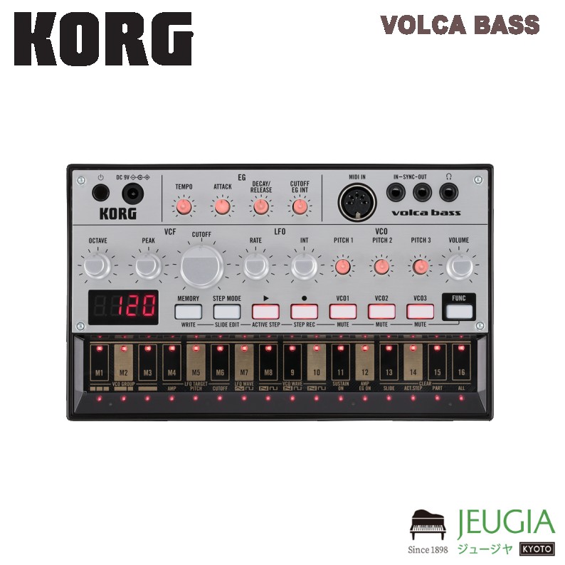 VOLCA BASS ドラムに負けないアグレッシブなサウンド、リズムを支えるファットなサウンド、グルーヴを生むファンキーなサウンド。volca bassは、ベースラインに必要な様々な要求に応えるアナログ・ベースライン・グルーヴ・ボックスです。 アナログ音源はシンプルな音でも確かな存在感を備え、デジタル・シミュレーションでは実現できない絶妙なニュアンスも表現し、アシッド・ハウスなど多彩な音作りを楽しむことができます。またELECTRIBE譲りのステップ・シーケンサーは視覚的に分かりやすいだけでなく、インスピレーションを刺激する強烈なベース・ループを偶発的に生み出します。 最高のリード／ベース／リズムを生む シーケンサー内蔵アナログ・シンセサイザー。 monotron、monotribe、MS-20 miniと続いてきたコルグのアナログ・シンセサイザーが新たなステージに。volca（ヴォルカ）の登場です。リード・シンセvolca keys、ベース・シンセvolca bass、リズムマシンvolca beatsの3機種を同時にラインナップ。厳選したパラメーターながら、アナログならではの太く多彩なサウンドを作り出すことができ、ループ・シーケンサーでの直感的フレーズ演奏と相まってその面白さは無限大です。複数台・DAWとの連携もでき、電池駆動・スピーカー内蔵によりいつでもどこでもプレイ可能。最高のサウンド・最高のグルーヴを簡単かつ奥深く表現できる、次世代のアナログ・シンセサイザーが誕生しました。 様々なベース・サウンドを作り上げる3つのオシレーター。 アナログならではの太く、うねりのある音色を実現する3つのオシレーターは、1パートでのユニゾンから3パートでのコードまで、多彩な使い方で様々なベース・サウンドを作り出すことが可能。 オシレーターを1つずつ個別にシーケンスを組めば、3つのフレーズが絡み合う複雑なパターンを作れます。2+1で使う場合、1組のオシレーターは音程を低く、もう1組は音程を高く設定することで、ベースラインとメロディを同時に演奏できます。3つをセットで使う場合は、それぞれのピッチを少しだけずらすことで分厚いユニゾン・サウンドを実現し、またピッチを0、+3、+7と設定することでコードを鳴らすこともできます。 明るくヌケの良いコルグ伝統のアナログ・フィルター。 volca bass専用にファイン・チューンを行ったアナログ・フィルターを搭載。Cutoffツマミでフィルターを開くとより明るく伸びのある音に、フィルターを閉じると甘く丸い音になり、Peakツマミでレゾナンスを上げると初めはキレイにピークが立ち、上げれば上げるほど気持ち良く歪みます。アシッドに欠かせないレゾナンスの歪みは、ベース・サウンド専用にチューニングを行なっています。 VCF、VCA、LFO、EGを1つずつ備えるシンプルな構成。 3つのVCOに加え、VCF、VCA、LFO、EGが1つずつと厳選したパラメーター構成は、求めている音を直感的に作り出すことができます。またシンセサイザーとしてスタンダードな構成でもあるため、シンセサイザーの原点である音作りの楽しさを学ぶ入門機としても最適です。 ELECTRIBE譲りのステップ・シーケンサー。 エディットのしやすさやパート抜き差しの即興性を重視したステップ・シーケンサーを装備。1小節間の発音タイミングを視覚的に確認しながら、16個のステップ・キーで直感的に打ち込んでいくことができます。3つのオシレーターそれぞれに全く異なるフレーズを打ち込むこともでき、またタッチ・パネル鍵盤の演奏によるリアルタイム・レコーディングも可能です。 作成したシーケンス・パターンは最大8個まで本体に保存できます。 アシッド・サウンドに欠かせないSLIDE機能。 アナログ・シンセサイザーのベース・サウンドで絶対に外せないのが、ピッチとフィルターの粘りが気持ち良いアシッド・ベースです。volca bassではステップ間がつながったような効果が得られるスライド機能により、誰でも簡単にアシッド・サウンドを作り出すことが可能。スライドは各ステップ毎に設定できます。 ステップの抜き差しで新たなベースラインを生むACTIVE STEP機能。 シーケンスの途中のステップを飛ばして再生することができるアクティブ・ステップ機能を搭載。ショート・ループのような効果から思いがけない変則的なリズムまで、まるでシーケンスそのものを演奏するようなダイナミックなパフォーマンスが可能です。 アナログ・シンセの欠点を克服する自動チューニング機能。 アナログ・シンセサイザーの問題点は、ピッチが温度変化や経年変化によってずれてしまうことでしたが、volcaにはピッチを自動的に補正する自動チューニング機能を搭載。演奏途中のチューニングや、電源を入れてからピッチが安定するまで待つ必要はありません。 SYNC端子、MIDI IN端子搭載により、複数台・DAWとの同期プレイが可能。 シンク端子を使えば複数台のvolcaやmonotribeとの同期再生が可能。iPhoneアプリ「SyncKontrol」でタップ・テンポ、スウィング設定、WISTによるiPolysixなどのiOS音楽アプリとのワイヤレス同期再生もできます。 MIDI IN端子は、他の機材との同期や、MIDIキーボードを使って演奏できるのはもちろん、DAWからノート・メッセージを送ることでvolcaをアナログ音源モジュールとして使うことができます。 どこでも使えるコンパクト・サイズ、電池駆動、内蔵スピーカー。コンパクト・サイズ、電池駆動、内蔵スピーカーにより、どこへでも気軽に持ち出し、いつでも演奏を楽しむことができます。 主な仕様 ■鍵盤部：マルチタッチ鍵盤／ステップ・キー ■アナログ音源 ■入出力 オーディオ出力：ヘッドホン（3.5mm ミニ・ジャック） シンク：シンク・イン（3.5mm ミニ・ジャック、最大入力レベル20V）、シンク・アウト（3.5mm ミニ・ジャック、出力レベル5V） MIDI：MIDI IN ■電源 電池寿命：約10時間（アルカリ乾電池使用時） 電源：アルカリ／ニッケル水素 単3形乾電池 x 6本、またはACアダプターKA350（別売り） ■付属品：動作確認用単3形アルカリ乾電池 x 6本、シンク用ステレオ・ミニ・ケーブル ■外形寸法：193（W）x 115（D）x 46（H）mm（ツマミ高さ含む） ■質量：370g（電池含まず） ※商品画像はサンプルです。 ★掲載の商品は店頭や他のECサイトでも並行して販売しております。在庫情報の更新には最大限の努力をしておりますが、ご注文が完了しましても売り切れでご用意できない場合がございます。 　また、お取り寄せ商品の場合、生産完了などの理由でご用意できない場合がございます。 　その際はご注文をキャンセルさせていただきますので、予めご了承くださいませ。 ★お届け先が北海道や沖縄、その他離島の場合、「送料無料」と表記の商品であっても別途中継料や送料を頂戴いたします。その際は改めてご連絡を差し上げますのでご了承ください。