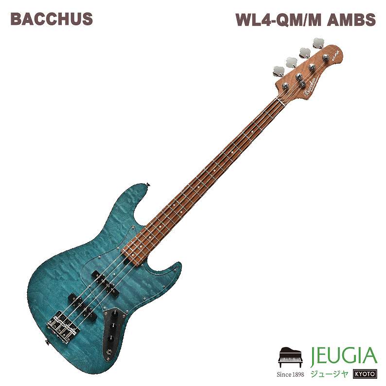 BACCHUS / WL4-QM/M AMBS “Japan Tune-up series” ”JTシリーズ”の製品では全てプレイヤーがすぐに実践使用を開始できることをイメージし、 長野県松本市にあるディバイザー専門部署「WDG（Workshop Deviser Guitars）」にて プレイアビリティに直結する部分を経験豊富な日本の職人の手によって弾きやすさに直結する弦高調整や指板の最終仕上げなども チューンナップの項目として、フレットすり合わせ、ナット加工＆サドル調整、フレットエッジ加工に至るまで 1台1台手間暇を惜しまず調整とセットアップを行っています。 2001年から始まったBacchus最高級ラインの”Handmade Series”のスピリットを受けつぎ、「プレイヤーの皆様が安心してその身を預け、最高のパフォーマンスを生み出す楽器」を送り出すシリーズです。 “WL”モデルは、”Handmade Series”で培った“WOODLINE”の持つディンキーシェイプのボディを継承し、 一般的なJBタイプのエレキベースよりややスリムに設計されプレイアビリティに優れます。 ボディトップには美しい杢目が目を引くキルトメイプル材を採用、ボディバックにはマホガニー材と似た特徴を持つ中低域が豊かなナトー材、 ボディ外周にはブラックのバインディングが施され引き締まったルックスと、つや消しタイプのマットな仕上げにより 上品で落ち着いた印象を持った高級感のある仕上がりです。 ネック＆指板には、高温で加熱処理して材の中の水分や油分を一定数量に揮発させることにより剛性を高め、 豊かな生鳴りと経年変化したビンテージのような小慣れたトーンを生み出す、 高級機種で採用される事の多いローステッドメイプル材が使用されております。 また、各部の上質な仕上げに加えパーツや機能にも拘りは受け継がれており、従来品よりも比重が高く密度の詰まった 中低音域にかけて広がるベース・トーンが特徴の真鍮（ブラス）製のオリジナルネックプレートを採用し、”WOODLINE”モデルではおなじみの「ターボスイッチ」を本機でも搭載しております。 トーンノブをプルアップすることで2つのシングルピックアップをシリーズ(直列)接続し、太くハムバッキング・ピックアップのようなサウンドを作り出します。(※ターボスイッチがオンの時音量はフロントVolノブで調整します。この時リアVolノブはバイパスされます) Body : Nyatoh Neck : Roasted Maple Fingerboard : Roasted Maple Nut : PPS Bridge : JB bridge w/ brass saddle Machineheads : Opengear Type Pickup : Original JB set Control : 2Vol,1Tone(Pull up=Turbo SW) Scale : 864mm(34inch) Fingerboard Radius : 305R Width at Nut : 38.0mm Case：オリジナルソフトケース ※商品の汚れや状態はお問い合わせ下さい。 ※掲載の商品は店頭や他のECサイトでも並行して販売しております。在庫情報の更新には最大限の努力をしておりますが、ご注文が完了しましても売り切れでご用意できない場合がございます。 その際はご注文をキャンセルさせていただきますので、予めご了承くださいませ。 また、お取り寄せ商品の場合、生産完了などの理由でご用意できない場合がございます。 ※お届け先が北海道や沖縄、その他離島の場合、「送料無料」と表記の商品であっても別途中継料や送料を頂戴いたします。その際は改めてご連絡を差し上げますのでご了承ください。