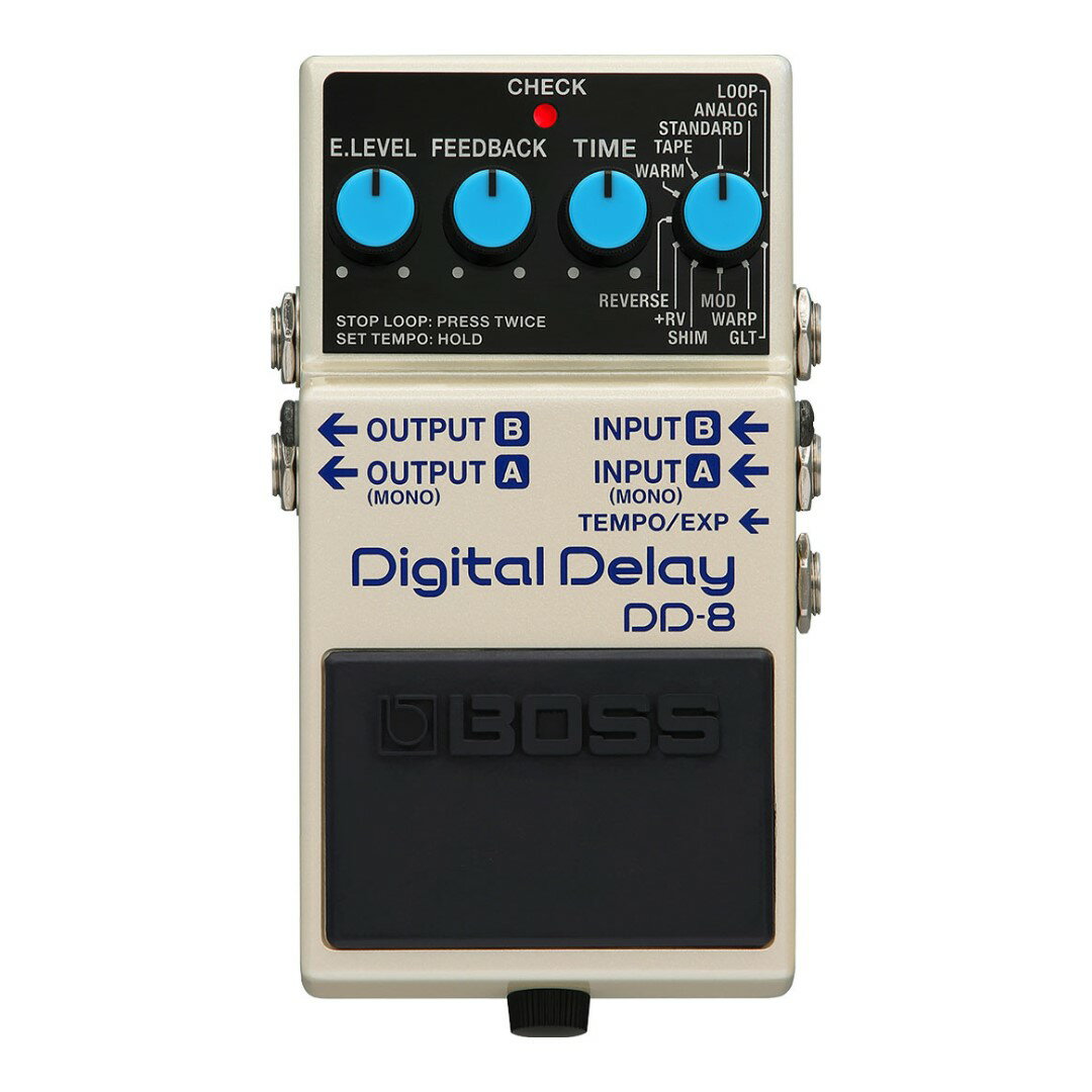 商品説明 DD-8 Digital Delayは、BOSSコンパクト・ディレイ・ペダル史上最もワイドレンジで多機能なディレイ・ペダルです。多彩なサウンド、柔軟なディレイ・タイム、豊富なコントロール・オプションと接続端子など、あらゆる面で優れたスペックを誇ります。また、モノ／ステレオの入出力に対応し、様々な接続が可能です。11種類のディレイ・モードは、幅広い音楽ジャンルに馴染むベーシックなサウンドから、プレーヤーの想像を掻き立てる個性的なサウンドまで、多彩な音色を搭載。さらに、オーバーダブと外部コントローラーに対応したルーパーも備えています。DD-8は、最小限のスペースで最大限のパフォーマンスを実現する、コンパクト・ディレイ・ペダルの理想形です。 充実したディレイ・モード DD-8は多彩なディレイ・モードを搭載し、コンパクトな筐体でありながら高品位かつ圧倒的なサウンド・バリエーションを誇ります。クリーンなデジタル・ディレイのSTANDARD、温かみのあるビンテージ・サウンドのANALOGとTAPE ECHO、ゆらぎのあるディレイ・サウンドのMODULATION、幻想的なアンビエント・サウンドのWARP、そして独創的なSHIMMERやREVERSEなども搭載。また、ディレイ・サウンドにリバーブをブレンドした＋REVERBや、マイルドでありながらも存在感のあるサウンドのWARM、リズミカルなディレイが得られるGLTなど、新開発されたモードも搭載しています。 ステレオ接続により広がりのある空間を演出 DD-8は、完全ステレオ対応の入出力に加え、3つのステレオ・アウトプット・モード(完全独立ステレオ／パンニング／ワイド・ステレオ)を装備しており、求める音像にあったアウトプット・モードに設定することで、ディレイ・サウンドの空間への広がりをより一層演出できます。完全独立ステレオ・モードでは、INPUT AはOUTPUT A （INPUT Aのみ使用時はOUTPUT A/B）に、INPUT BはOUTPUT Bにそれぞれ独立して出力されます。その他にも、左右にディレイ音が飛び交うパンニング・モードと、残響音に空間的な広がりをもたせたワイド・ステレオ・モードにより、ステレオ出力時により広がりのあるディレイ・サウンドを実現します。 パフォーマンスをサポートする充実のコントロール・オプション DD-8は豊富なコントロール・オプションにより、リアルタイムにディレイを制御ながらパフォーマンスが可能です。本体のペダル・スイッチでは、演奏中に足元でのディレイ・タイム変更が可能なタップ・テンポ機能や、WARPやGLTといった個性的なディレイ・サウンドのコントロールに対応しています。また、最大で2つの外部フットスイッチを増設でき、タップ・テンポ、ルーパーの制御、トリッキーなTWIST効果の付加など、自由で創造的な演奏をサポートします。さらに、エクスプレッション・ペダルを使用すれば、E. LEVEL、FEEDBACK、TIMEのいずれか、もしくはその全てを連続的にコントロールすることもできます。 ルーパー機能 ペダルボードにルーパーを組み込むと、練習やライブでのサウンド・チェック、ソロ演奏時のバッキングの再生など、様々な場面で活用することができます。DD-8のLOOPERモードはそれらの用途が全て実現可能です。本体のペダル・スイッチで、すべてのルーパー機能を制御できるのはもちろんのこと、外部フットスイッチを接続すれば、ループ・トラックの停止やクリアをワン・アクションで行うこともできます。 出力設定をシンプルかつスマートに DD-8のディレイ・サウンドは、ケーブル接続の仕方によって出力方法を簡単に選択することができます。INPUT Bのみにケーブルを接続した場合、ディレイのサウンドとダイレクト音をOUTPUT A/Bから個別に出力。OUTPUT Aだけにケーブルを接続すれば、ディレイのサウンドだけを出力でき、アンプなどのパラレル・エフェクト・ループでブレンドする際に最適です。その他にも、INPUT AとOUTPUT Bを使用したモノ接続時は、通常の2倍のディレイ・タイムにすることも可能です。 DD-8 Delay Modes ・Analog − クラシックな、BBDを使用したアナログ・ディレイ・サウンドを再現 ・Standard − クリアなデジタル・ディレイ ・Tape − ビンテージのテープ・エコーがベースのサウンド ・Warm − マイルドで温かみのあるデジタル・ディレイ ・Reverse − 逆再生されたディレイ・サウンド ・+RV − リバーブが付加されたデジタル・ディレイ ・Shimmer − ピッチ・シフトされた音を付加したディレイ・サウンド ・Mod − ゆらぎのあるデジタル・ディレイ ・Warp − 幻想的なアンビエント・サウンド。ペダル・スイッチをホールドすることで、フィード・バックとレベルが上昇します ・GLT − 新開発の機関銃のようなディレイ・サウンド。FEEDBACKとTIMEを調節することで様々な効果が得られます ・Loop − 最大40秒の録音／オーバーダブが可能なルーパー（ステレオ使用時は最大20秒） スペック 規定入力レベル -20dBu 入力インピーダンス 1MΩ 規定出力レベル -20dBu 出力インピーダンス 1kΩ 推奨負荷インピーダンス 10kΩ以上 バイパス バッファード・バイパス コントロール MODEつまみ TIMEつまみ FEEDBACKつまみ E.LEVEL（エフェクト・レベル）つまみ CARRYOVER スイッチ ペダル・スイッチ インジケーター CHECKインジケーター（バッテリー・チェック兼用） 接続端子 INPUT-A（MONO）/INPUT-B端子：標準タイプ OUTPUT-A（MONO）/OUTPUT-B端子：標準タイプ TEMPO/EXP端子：TRS標準タイプ DC IN端子 電源 アルカリ電池（9V形） ACアダプター（別売） 消費電流 65mA 連続使用時の電池の寿命 アルカリ電池：約5時間 ※使用状態によって異なります。 ★掲載の商品は店頭や他のECサイトでも並行して販売しております。在庫情報の更新には最大限の努力をしておりますが、ご注文が完了しましても売り切れでご用意できない場合がございます。その際はご注文をキャンセルさせていただきますので、予めご了承くださいませ。 ★お取り寄せ商品の場合、メーカーで生産完了などの理由でご用意できない場合がございます。 ★北海道地方や沖縄地方、またお届けに船舶や航空機を使用する必要がある離島など、遠方へのお届けの際は『送料無料』の表記がありましても、別途配送料や中継料を加算させていただく場合がございます。詳しくはお問い合わせください。