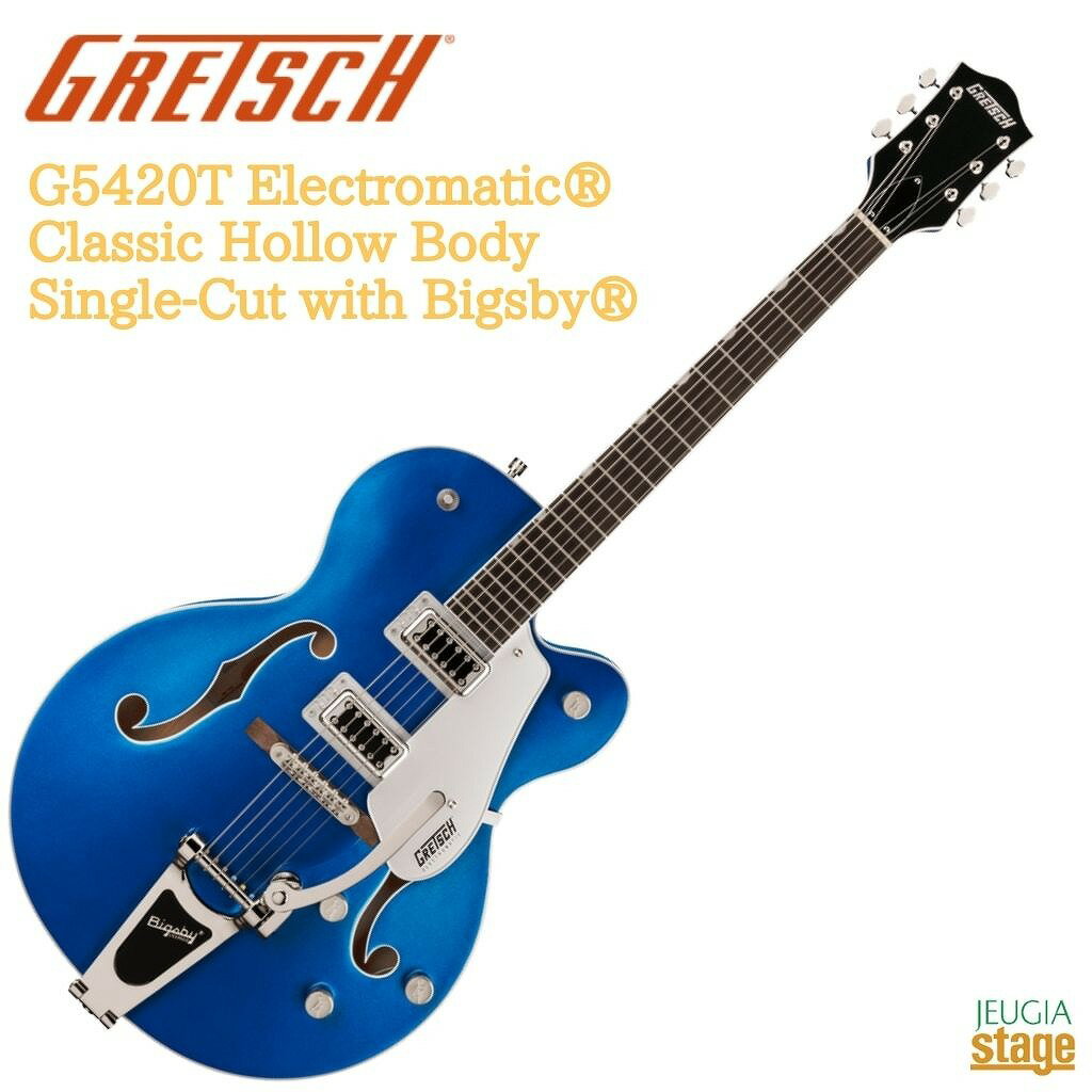 Gretsch G5420T Electromatic? Classic Hollow Body Single-Cut with Bigsby? クラシックな'50年代や60年代のGretschサウンドとスタイルにインスパイアを受けた、全く新しいElectromatic? Classic Hollow Bodyギターです。定番のGretschホロウボディが響かせるサウンド、スタイル、そしてプレイアビリティを備えたこのモデルはネクストレベルを目指すギタリストに最適です。 G5420T Electromatic? Classic Hollow Body Single-Cut with Bigsby?は、ヴィンテージにインスパイアされた洗練されたアーチを備えたラミネートメイプルボディと、不要なフィードバックノイズを軽減する全く新しいトレッスルブロックブレース設計を採用しています。ボディトップとバックの間に強度の高い接着を施した、新しいトレッスルブロック設計は、より的確でスナップの効いたトーン、より伸びやかでスピーディなレスポンスで攻撃力の高いサウンドをもたらします。全く新しいFT-5E Filter?Tron?ピックアップと相まって、このホロウボディサウンドは強力なフルボディパンチを放ち、クラシカルな煌びやかさと増強された存在感、明瞭で正確なプレイを加速させます。 全く新しいクラシック「C」シェイプのメイプルネックは、プレイアビリティとパフォーマンスを向上させ、快適な演奏感をもたらす、12インチラジアスのローレル指板を備えています。 生き生きとした響きを提供するG5420Tは、トレブルブリードサーキットとマスターボリュームを含む、様々なアップグレードを施されたコントロール部を持ち、 マスタートーン、個々のピックアップボリュームコントロールと3ポジションピックアップトグルスイッチ、特大のバウンドFホール、マルチプライボディバインディング、バインディング加工された50年代後半の小ぶりなG6120バウンドヘッドストック、ヴィンテージスタイルのオープンバックチューニングマシン、Graph Tech? NuBone?ナット、パーロイドのeo-Classic?サムネイルインレイ、安定したAdjusto-Matic?ブリッジ、Bigsby? B60ヴィブラートテールピースを備えています。 この素晴らしいギターは、ブラックピックガードのAirline Silverまたは、シルバーピックガードのAzure Metallic、Orange Stain、Walnut Stainから選べ、誉れ高いそのサウンドを引き立てます。 Gretsch G5420T Electromatic? Classic Hollow Body Single-Cut with Bigsby?Specs ボディ Body Finish: Gloss Body Shape: Electromatic? Hollow Body Body Material: Laminated Maple Bracing: Trestle Block Body Binding: White with B/W/B Purfling Body Depth: 2.75" (70 mm) ネック Neck Material: Maple Neck Finish: Gloss Neck Shape: Classic "C" Neck Binding: White Fingerboard Radius: 12" (305 mm) Fingerboard Material: Laurel Number of Frets: 22 Fret Size: Medium Jumbo Nut Width: 1.6875" (42.86 mm) Position Inlays: Pearloid Neo-Classic? Thumbnail エレクトロニクス Bridge Pickup: FT-5E Filter’Tron? Neck Pickup: FT-5E Filter’Tron? Controls: Volume 1. (Neck Pickup), Volume 2. (Bridge Pickup), Master Volume with Treble Bleed, Master Tone Switching: 3-Position Toggle: Position 1. Bridge Pickup, Position 2. Bridge And Neck Pickups, Position 3. Neck Pickup Configuration: Filter'Tron? / Filter'Tron? ハードウエア Bridge: Adjusto-Matic? with Secured Laurel Base Tuning Machines: Vintage-Style Open-Back Pickguard: Silver Plexi with Black Gretsch? and Electromatic? Logos Control Knobs: G-Arrow Strings: Nickel Plated Steel (.011-.049 Gauges) ★掲載の商品は店頭や他のECサイトでも並行して販売しております。在庫情報の更新には最大限の努力をしておりますが、ご注文が完了しましても売り切れでご用意できない場合がございます。 　また、お取り寄せ商品の場合、生産完了などの理由でご用意できない場合がございます。 　その際はご注文をキャンセルさせていただきますので、予めご了承くださいませ。 ★お届け先が北海道や沖縄、その他離島の場合、「送料無料」と表記の商品であっても別途中継料や送料を頂戴いたします。その際は改めてご連絡を差し上げますのでご了承ください。