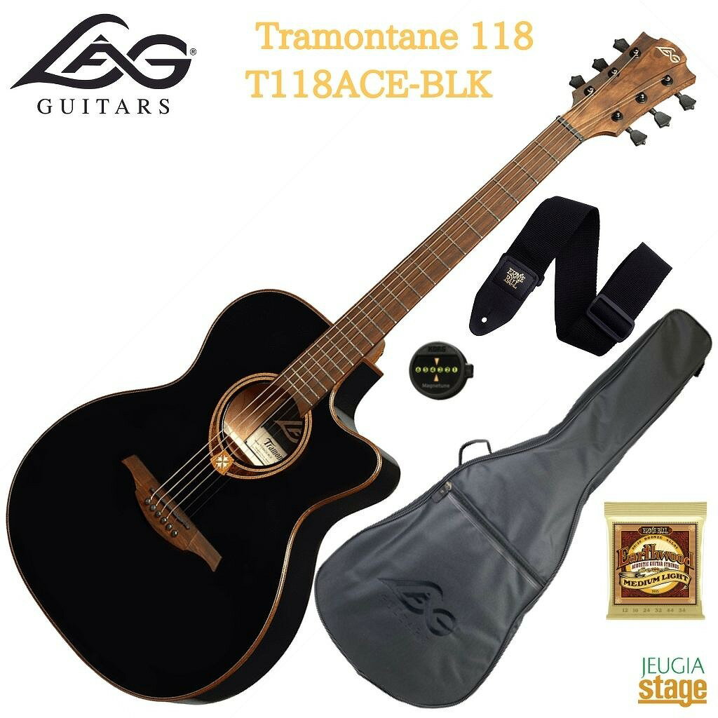 LAG GUITARS Tramontane 118 T118ACE-BLK Specs - エレクトロニクス : Astro-L?g (Volume, ?galiseur 3-bandes, brillance, notch, phase et accordeur) - オリジナル弦 : Bronze 80/20 Light 12-53 - カッタウェイ : はい - カテゴリ : スチール弦エレクトリック・アコースティック・ボディ・シェイプ - カラー : ブラック - シェイプ : オーディトリアム - スケール : 650 mm - チューニング・ペグ : ダイキャスト、比率1:18 - トップ : シダー単板 - トラスロッド : ダブルアクション - ナット幅 : 43 mm - ナット幅 : Black graphite wedge / 72 mm & 43 mm - ネック : Khaya - ハードウェア : サテン・ブラック - バック＆サイド : カヤ - フィニッシュ : グロス - フレットの種類 : Medium Silver Nickel - フレット数 : 20 - ブリッジ : ブラウンウッド - 寸法（mm） : 1060 x 470 x 140 - 弦 : スチール - 弦の本数 : 6 - 指板 : Branko Rosewood - 指板R : 350 mm ※商品画像はサンプルです。 ★掲載の商品は店頭や他のECサイトでも並行して販売しております。在庫情報の更新には最大限の努力をしておりますが、ご注文が完了しましても売り切れでご用意できない場合がございます。 　また、お取り寄せ商品の場合、生産完了などの理由でご用意できない場合がございます。 　その際はご注文をキャンセルさせていただきますので、予めご了承くださいませ。 ★お届け先が北海道や沖縄、その他離島の場合、「送料無料」と表記の商品であっても別途中継料や送料を頂戴いたします。その際は改めてご連絡を差し上げますのでご了承ください。