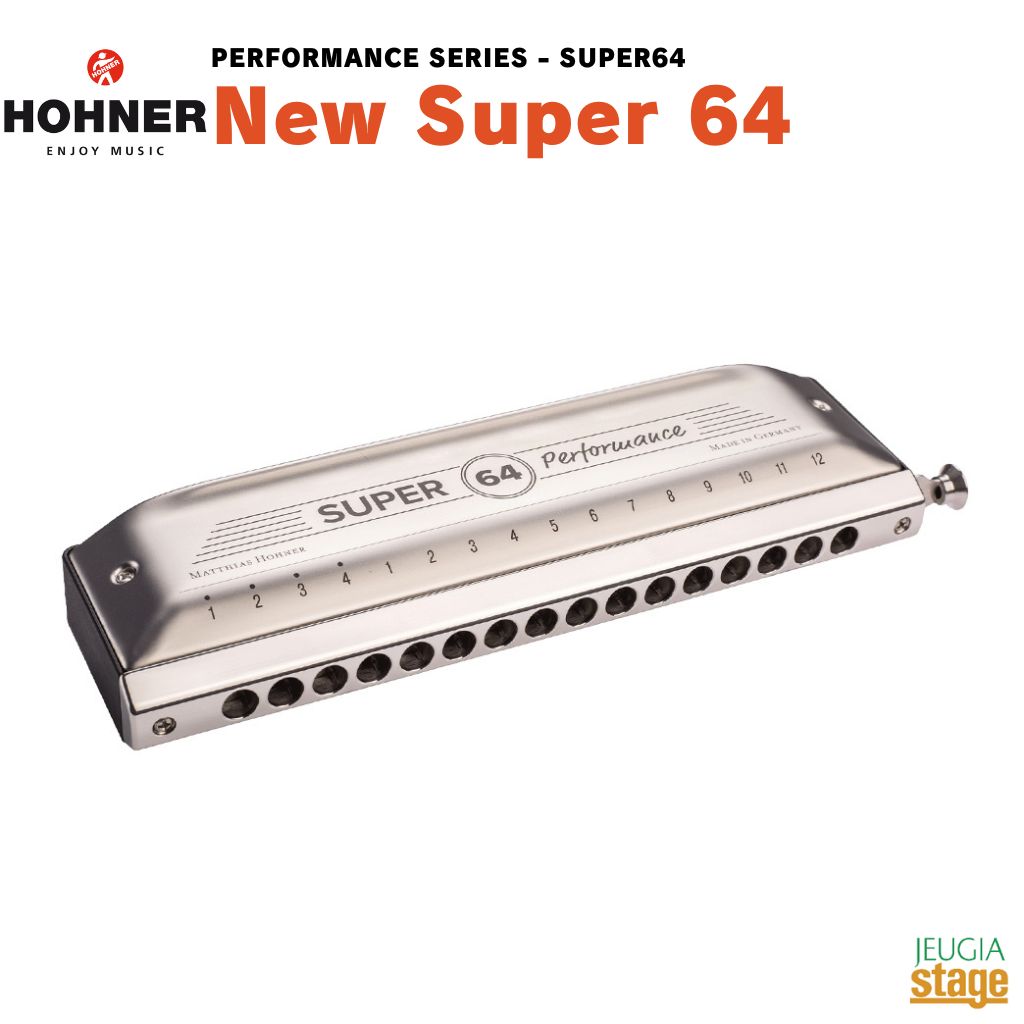 New Super 64 「New Super 64」は、HOHNERを代表するモデル「Super64」の機能を拡充し、アップグレードしたクロマチック・ハーモニカです。最適化された新しいボディにより、スピーディーなレスポンスを実現しました。 従来のモデルとは異なり、マウスピースの素材はステンレス・スティールを採用。 スライド・スプリングには、テンションが調整可能な「ヴァリオ・スプリング・システム」を搭載。スライドは気密性が高い構造で、ほとんど動作音がしません。 また、「New Super 64」は耐久性とメンテナンス性にも優れています。 リード・プレートはネジで取り付けられており、カバーに接触することなくリードの摩耗を抑えているため、メンテナンスが簡単にできます。カバーは別々に取り付けられ、付属のナイロンケースは移動式作業台としても使用可能です。 特徴 ●ヴァリオ・スプリング・システム 新機能「ヴァリオ・スプリング・システム(Vario Spring system)」により、スライドスプリングのテンションを簡単に調節できるようになりました。 ●サイレント・スライド 新しいサイレント・スライドは、画期的な構造で気密性に優れているため、ほとんど動作音がしないようになっています。 ●究極の快適さ 快適な演奏を実現するために、さまざまな工夫が施された設計となっています。 ●レスポンスの速さ 最適化されたコーム・チャンバーにより、最速のレスポンスを実現しています。 ●ジッパーケース付属 付属のナイロン製ジッパーケースは、演奏後の湿気を放出しながらホコリをシャットアウトします。メンテナンスの作業台としても使用可能です。 仕様 リードプレート（素材 / 厚さ）: ブラス（真鍮）製 / 1.05mm リードプレート（表面）: ブラス（真鍮）製 リード（数 / 素材）: 64 / ブラス（真鍮）製 ボディ（素材 / 色）: ABS製 / 黒 ボディ（仕上げ）: ABS マウスピース（表面）: ステンレス・スチール製（ポリッシュ仕上げ） カバープレート: ステンレス・スチール製 スライド構造: ジグザグ タイプ: クロマチック キー: C チューニング: ソロ・チューニング ホール数: 16 音域: 4オクターブ (C3-D7) サイズ: 19.8cm 付属品: キャリングケース、調整ドライバー ※商品画像はサンプルです。 ★掲載の商品は店頭や他のECサイトでも並行して販売しております。在庫情報の更新には最大限の努力をしておりますが、ご注文が完了しましても売り切れでご用意できない場合がございます。 　また、お取り寄せ商品の場合、生産完了などの理由でご用意できない場合がございます。 　その際はご注文をキャンセルさせていただきますので、予めご了承くださいませ。 ★お届け先が北海道や沖縄、その他離島の場合、「送料無料」と表記の商品であっても別途中継料や送料を頂戴いたします。その際は改めてご連絡を差し上げますのでご了承ください。　