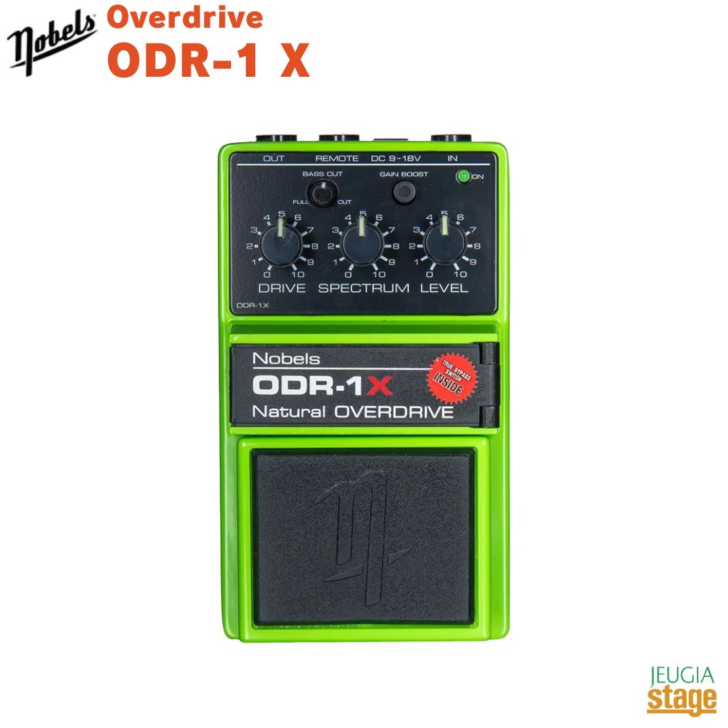 Nobels Overdrive ODR-1 X 伝説のODR-1が次世代のODR-1Xに進化しました。このハードロック・モンスターは、ギタリストの要望に応える新機能と高い実用性を兼ね備えています。 特長 ●新機能 ・BASS CUTノブを装備。低音域を自在に調整し、ブーミーさを解消します。 ・GAIN BOOSTスイッチを搭載。ハイゲイン・サウンドに瞬時に切り替えられます。リモート制御も可能です。 ・バイパスはトゥルー or バッファードを設定できます。 ●その他の特長 伝統の暖かさとダイナミクスがあるナチュラルなアナログ・オーバードライブです。 SPECTRUMコントロールは中域を殆ど変化させずに、中低域と高域を同時に調節できます。左に回すと中域がウォームになりブルースやロック向きのサウンドになります。右に回すと荒々しさが増し、ハードロック向きのサウンドになります。 電源アダプターはDC9V～18Vに対応。18Vではより広いヘッドルームとダイナミクスを実現します。 アンラッチ信号を受けられるリモート端子を装備し、他のスイッチングシステム等と組み合わせて使用できます。ON/OFFとゲインブーストを制御できます。 バッテリーの交換が簡単です。ネジを回したり裏蓋を外す必要はありません。 暗い場所でも確認しやすいようにノブの印が蓄光塗料になっています。 ボード取り付けに便利なマウント金具（Nobels Mounty-P）を標準装備しています。 仕様 ・電源：9V電池／電源アダプター（別売、DC9V〜18V、2.1mm、センター・マイナス） ・消費電流：最大15mA ・入カインピーダンス：約1MΩ ・出カインピーダンス：約2.2kΩ ・最大入力：+6dB ・端子：TS1/4端子（IN｜OUT）｜TRS1/4端子（REMOTE） ・寸法：74mm × 126mm × 58mm ・重量：426g（電池含まず） ・コントロール：Drive、Spectrum、Level、Bass-Cut、Gain-Switch、BypassType selection switch ※商品画像はサンプルです。 ★掲載の商品は店頭や他のECサイトでも並行して販売しております。在庫情報の更新には最大限の努力をしておりますが、ご注文が完了しましても売り切れでご用意できない場合がございます。 　また、お取り寄せ商品の場合、生産完了・メーカー価格改定などの理由でご用意できない場合がございます。 　その際はご注文をキャンセルさせていただきますので、予めご了承くださいませ。 ★お届け先が北海道や沖縄、その他離島の場合、「送料無料」と表記の商品であっても別途中継料や送料を頂戴いたします。その際は改めてご連絡を差し上げますのでご了承ください。