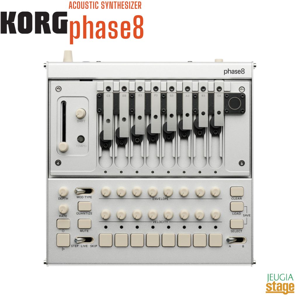 KORG phase8 ACOUSTIC SYNTHESIZER 物理世界が持つ音の豊かさと、精密な電子制御を融合させた、8ボイスのアコースティック・シンセサイザー phase8は、物理世界が持つ音の豊かさと、精密な電子制御を融合させた、8ボイスのアコースティック・シンセサイザーです。 エンベロープ、シーケンス、アナログ・ウェーブフォールディング、ピッチに対応するモジュレーション。 コルグが開発した最新のアコースティック・シンセシス技術によって、phase8は「鳴らす」だけでなく、触れることで音の表情を紡ぎます。 手の中で生き生きと反応し、演奏者の動きや振動に応えるオーガニックな楽器です。 特長 ●アコースティック‧シンセシスによる、触れて⽣まれるサウンド⽣成 アコースティック‧シンセシスは、実際に振動する物体そのものを⾳源とし、そこにシンセサイザーならではの電⼦制御を組み合わせる発⾳⽅式です。 触れる、揺らす、共鳴させる—— そうした物理的なインタラクションやアコースティックなフィードバックが、そのまま⾳の表情として⽴ち上がります。 それは「アナログか、デジタルか」という枠を超え、電⼦楽器という概念すらも越えていくアプローチです。 物理的に振動する8つの独⽴した発⾳ユニットが、phase8のアコースティック‧サウンドの中核を担っています。 ●交換‧チューニング可能なスチール‧レゾネーター 直感的なシーケンサーは、ステップ⼊⼒とクオンタイズされないリアルタイム録⾳の両⽅に対応。 各ボイスごとにステップ‧スキップを設定でき、複雑で有機的なポリメトリック‧パターンを構築できます。 シーケンスは8つのメモリー‧スロットに保存‧呼び出しが可能です。 ●ポリメトリック‧リズム‧シーケンサー 直感的なシーケンサーは、ステップ⼊⼒とクオンタイズされないリアルタイム録⾳の両⽅に対応。 各ボイスごとにステップ‧スキップを設定でき、複雑で有機的なポリメトリック‧パターンを構築できます。 シーケンスは8つのメモリー‧スロットに保存‧呼び出しが可能です。 ●モジュレーション‧モード phase8は、3種類のモジュレーションを搭載。 トレモロに加え、ピッチに反応する2種のオーディオレート‧モジュレーションを選択できます。 AM Polyphonic Modulationモードでは、それぞれの⾳程に寄り添った倍⾳的な揺れを加えることができます。 ●トリガー‧ディレイ シフト‧ノブを使って、テンポに同期したトリガー‧ディレイを各レゾネーターに付加できます。⾳がわずかに遅れて⽴ち上がることで、リズムに奥⾏きと揺らぎが⽣まれます。 ●パラメーター‧オートメーション パネル上のすべての操作は、レコーディング機能を使ってシーケンスに記録できます。ノブの動きそのものが、演奏の⼀部になります。 ●触れて操作する、リアルタイムな⾳の変化 phase8は、パラメーター操作にとどまらず、物理的に触れることそのものが演奏になります。 触れる、弾く、叩く、擦る。さらにオブジェクトを加えて、未知の質感を探ることもできます。 AIRスライダーで、触れたものの振動や共鳴を強調したり、抑えたりするコントロールも可能です。 ●外部機器との柔軟な連携 MIDI∕USB-MIDI、CV⼊⼒により、外部機器からノブ‧パラメーターをコントロール可能。 MIDI∕USB-MIDI∕Syncによるテンポ同期にも対応します。 外部MIDI機器でphase8を演奏したり、逆にphase8のシーケンサーで外部⾳源を鳴らすことも可能です。これらの接続性により、phase8はあらゆるクリエイティブな環境にスムーズに組み込めます。 仕様 ・接続端⼦: 　MIDI TRS-A In/Out 　USB-C (for USB-MIDI and firmw are) 　Sync In/Out 　¼” Line Audio Out 　3.5mm Headphone Out 　CV In (+/- 5V) ・プログラム数: 8 ・電源: DC12V ・消費電⼒: 4.8W ・⼨法‧質量: 231 x 236.5 x 46mm ・付属品: ACアダプター、六⾓レンチ、クイック‧スタート‧ガイド、5本の追加レゾネーター、安全上のご注意 ※仕様および外観は、改良のため予告なく変更する場合があります。 ※商品画像はサンプルです。 ★掲載の商品は店頭や他のECサイトでも並行して販売しております。在庫情報の更新には最大限の努力をしておりますが、ご注文が完了しましても売り切れでご用意できない場合がございます。 　また、お取り寄せ商品の場合、生産完了・メーカー価格改定などの理由でご用意できない場合がございます。 　その際はご注文をキャンセルさせていただきますので、予めご了承くださいませ。 ★お届け先が北海道や沖縄、その他離島の場合、「送料無料」と表記の商品であっても別途中継料や送料を頂戴いたします。その際は改めてご連絡を差し上げますのでご了承ください。