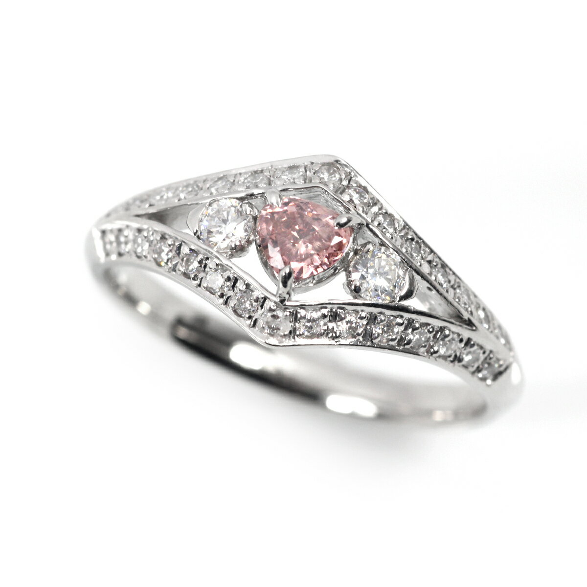 Pt ピンクダイヤモンド リング　FANCY DEEP ORANGY PINK　I1　0.219ct　MODIFIED HEART　 脇石ダイヤ計0.28ct 中宝 プラチナ ファンシーディープオレンジーピンク 指輪 ジュエリー