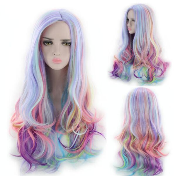 ウィング ロング フルウィッグ カラフルウィッグ かつら 女性 ハロウィンかつら 桂 変身仮装 巻き髪 虹..