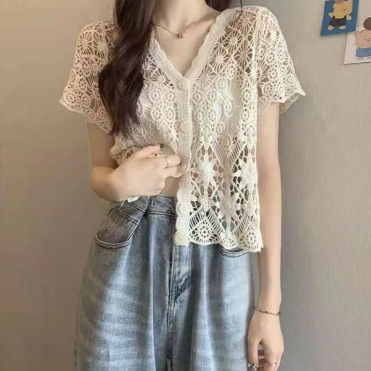 サマーニット カーディガン レディース 半袖 ス Vネック 透かし編み レースTシャツ 透かし 花柄レース ..