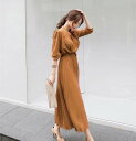 【期間限定ポイント5倍!】シンプル レディース プリーツ 長袖 無地 主役級 Aライン 大人女子 ウエストリボン バンドカラー 秋 レトロ エレガント 個性的 ...