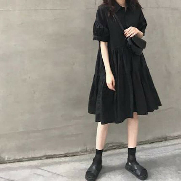 ワンピース レディース シャツ 襟付き 5分袖 Vネック フレア キレイめ 膝丈 春 夏 秋 黒 オシャレ きれいめ ゆったり 大人 可愛い 20代 10代 30代 フェミニン ガーリー カジュアル