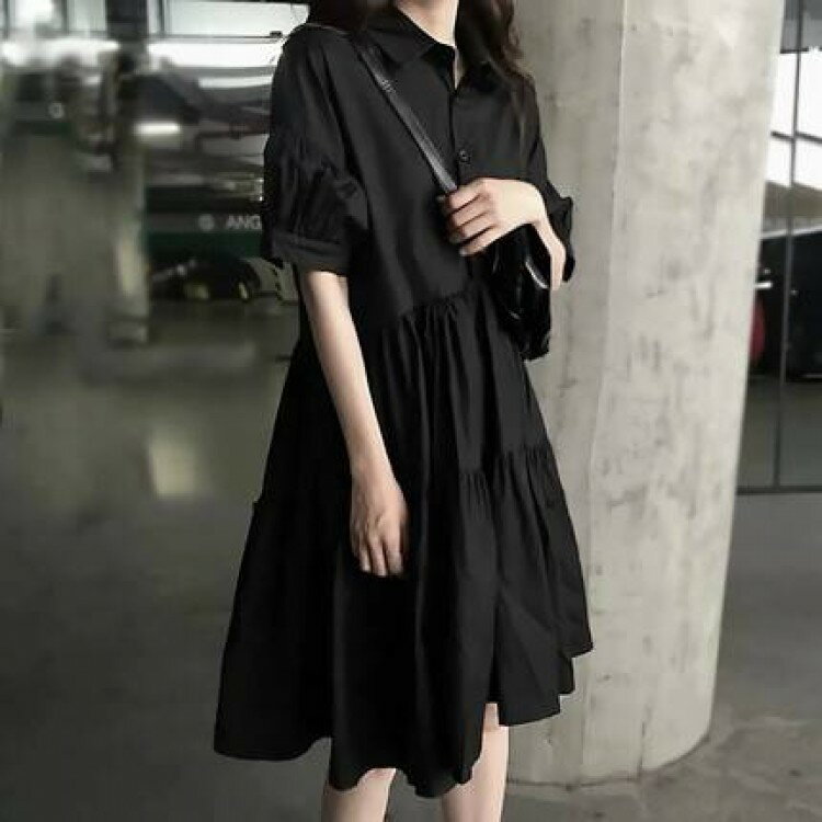 ワンピース レディース シャツ 襟付き 5分袖 Vネック フレア キレイめ 膝丈 春 夏 秋 黒 オシャレ きれいめ ゆったり 大人 可愛い 20代 10代 30代 フェミニン ガーリー カジュアル