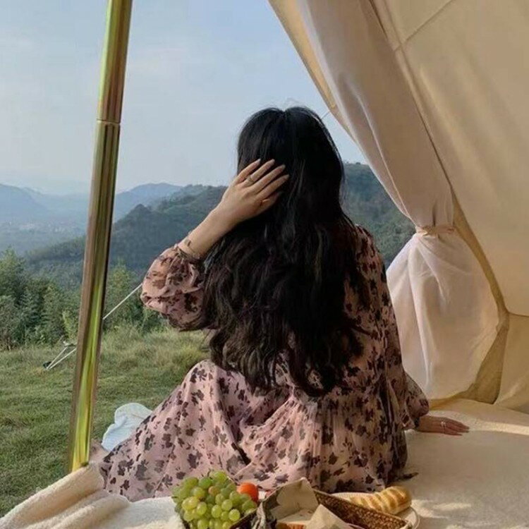 【先着10名様★500円クーポン!】ワンピース レディース レース シフォン 花柄 ロング丈 フレア Vネック きれいめ 上品 おしゃれ 大人 こなれ感 楽ちん ゆったり 抜け感 体型 女子会 お出かけ ウエストマーク カバー