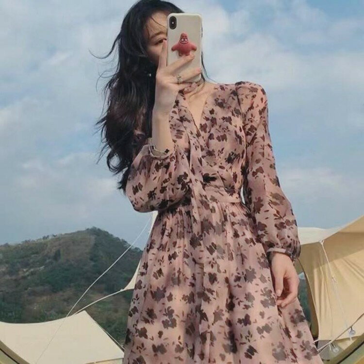 【先着10名様★500円クーポン!】ワンピース レディース レース シフォン 花柄 ロング丈 フレア Vネック きれいめ 上品 おしゃれ 大人 こなれ感 楽ちん ゆったり 抜け感 体型 女子会 お出かけ ウエストマーク カバー