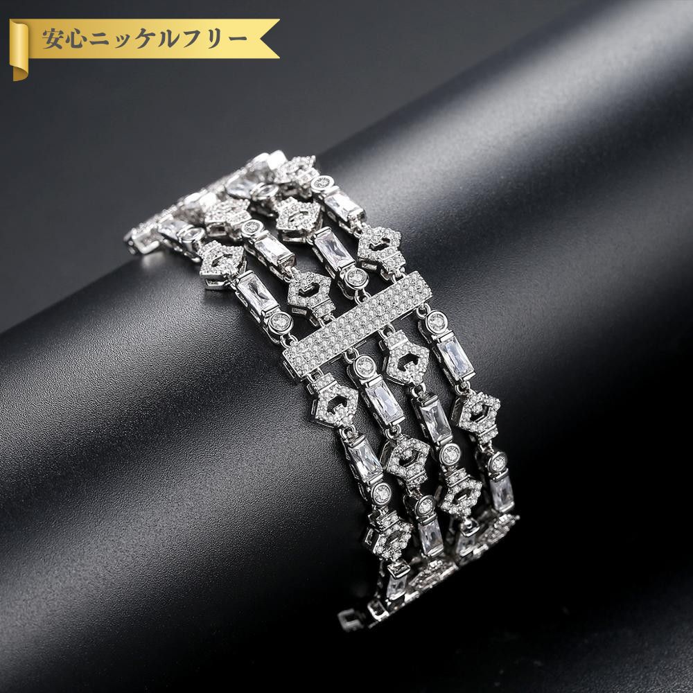 楽天ジュエリーサンフラワー【最大全品70％OFFクーポン!! サンフラワーセール】 ブレスレット キュービックジルコニア ホワイト 真鍮 シルバー 中折れクラスプ 上品 エレガント 大人 おしゃれ きれいめ 幅21mm 19cm b17060339