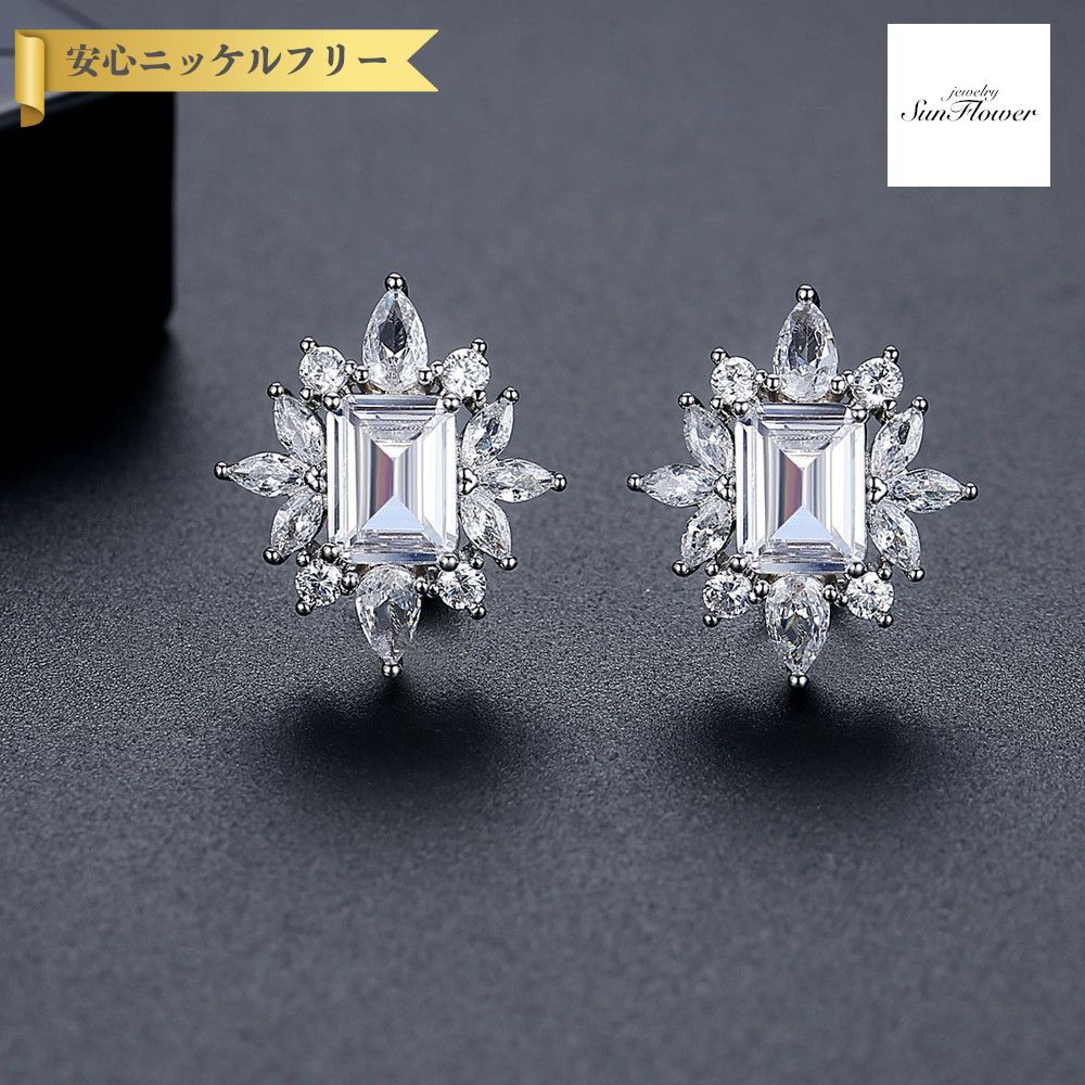 【50%OFFクーポン対象商品!!サンフラワーセールクーポン!先着500名様】 ピアス 両耳用 レディース キュービックジルコニア ホワイト 真鍮 シルバー e...