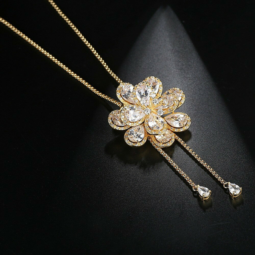 楽天JEWELRY SUNFLOWER【全品50％OFFクーポン フライングセール】 無料ラッピング対応済 送料無料 ネックレス キュービックジルコニア ホワイト 真鍮 イエローゴールド シルバー ベネチアンチェーン カニカン ロング 大きめ 大ぶり フラワー 花 85cm n17071723