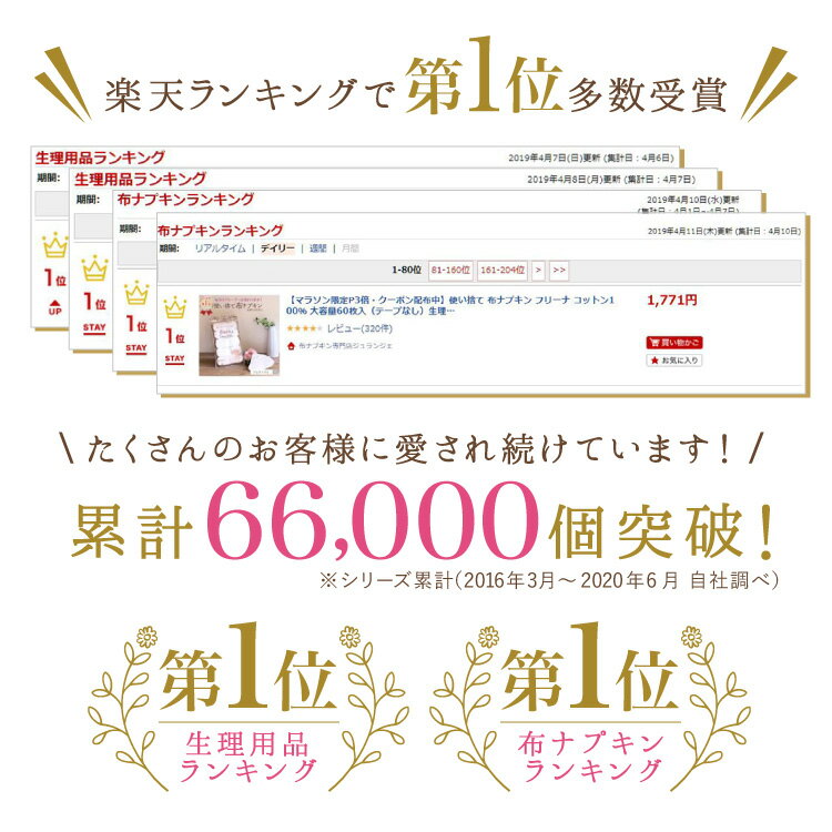 布ナプキン 使い捨て 生理用ナプキン［フリーナ コットン100％ 大容量60枚入（テープなし）日本製 正規品 JEWLINGE］生理用品 綿100％ 敏感肌 夜用 多い日 昼用 少ない日 生理痛 かゆみ 防災グッズ 月経カップ ジュランジェ