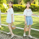 子供服 セットアップ キッズ 女の子 春夏 半袖 2点セット 上下セット 半袖 デニム 花柄 刺繡 ショートパンツ ショートデニム Tシャツ ショ...