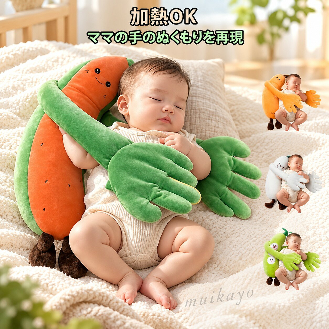 抱っこできない時も、そっと寄り添うおやすみサポートベビー睡眠補助ハンドグローブです。自動トントン機能で赤ちゃんをやさしくあやし、寝かしつけをサポートするベビー用ぬいぐるみクッションです。一定のリズムでトントン動くことで、驚きや寝ぐずりを軽減し、安心感のある眠りへ導きます。片手部分には赤豆入りパッドを内蔵し、取り外して電子レンジで約1〜1.5分温めることで、お腹をじんわり温め排気を促進。吐き戻し対策にも役立ちます。寝返り防止クッションとしても使え、新生児から幼児期まで長く活躍。カバーは取り外して洗えるため、いつでも清潔に保てます。リモコン付きで操作も簡単、育児の負担を軽減する心強いアイテム。出産祝いやギフトにもおすすめの、赤ちゃんとご家族にやさしい安眠サポートグッズです。 サイズ F サイズについての説明 F 50*16cm※サイズ表の実寸法は商品によって1-3cm程度の誤差がある場合がございます。 素材 色 01 02 03 04 備考 ●サイズ詳細等の測り方はスタッフ間で統一、徹底はしておりますが、実寸は商品によって若干の誤差(1cm〜3cm )がある場合がございますので、予めご了承ください。 ●製造ロットにより、細部形状の違いや、同色でも色味に多少の誤差が生じます。 ●パッケージは改良のため予告なく仕様を変更する場合があります。 ▼商品の色は、撮影時の光や、お客様のモニターの色具合などにより、実際の商品と異なる場合がございます。あらかじめ、ご了承ください。 ▼生地の特性上、やや匂いが強く感じられるものもございます。数日のご使用や陰干しなどで気になる匂いはほとんど感じられなくなります。 ▼同じ商品でも生産時期により形やサイズ、カラーに多少の誤差が生じる場合もございます。 ▼予め、ご了承お願い申し上げます。 ▼速やかに対応致しますのでご安心ください。