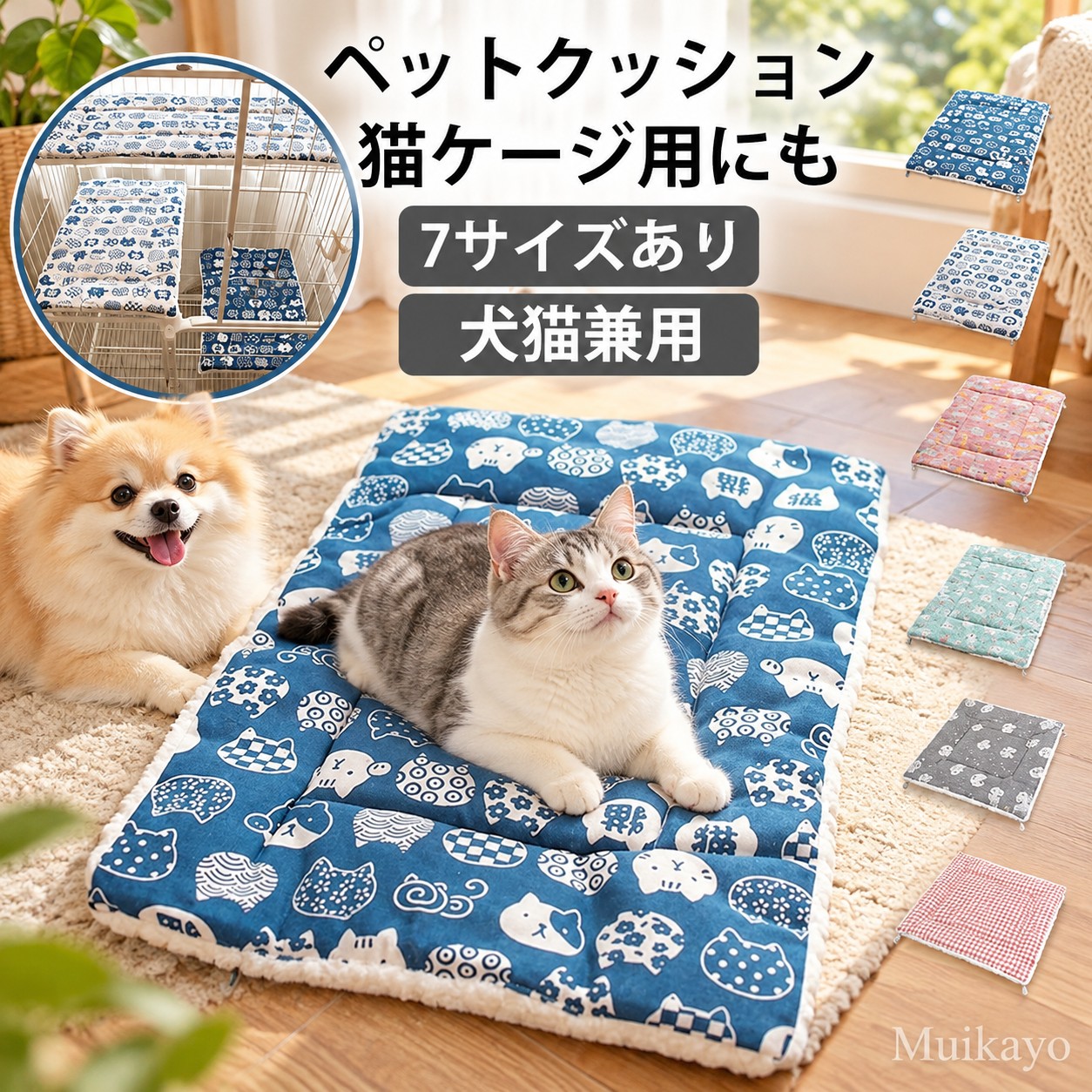 ペットクッション猫ケージ用にも犬猫兼用7サイズあり フローリングの上でもほっこり暖か 肌寒い季節も、ペットがコロンと転がって快適に過ごせる♪「リバーシブル・ふわふわペットマット」 もこもこボアにネコちゃん夢中 表面はナチュラルなリネン風素材、裏面をもこもこのあったかボアで仕上げたクッションマット。 季節に合わせてリバーシブル サラリとしたリネン風面は春夏、もこもこボア面は秋冬シーズンに。季節に合わせて使分けが可能。 ペットケージに 適サイズ ケージの内側に四隅の紐をキュッと結んで簡単固定 猫ちゃんがぴょんと飛び乗ってもズレずに快適。 どこでもくつろぎスペースに 程よいサイズ感で、ソファや床の上にふわっと広げれば、どこでも寛ぎスペースに。 ご家庭でカンタンお洗濯 取り扱いの楽なポリエステルボア素材なので、ご家庭でザブザブ洗えて、いつでも清潔な使い心地。※手洗いでのお手入れをお奨めしますが、洗濯機をご使用の場合は、必ず洗濯ネットに入れてください。 エキゾチックアニマルにも対応 ワンちゃんネコちゃんの寝床にはもちろん、フェレットやチンチラなど小動物用マットにもお勧め。 さまざまなシーンで大活躍 パタパタと折りたためば持ち運び楽ちん。ペットとのドライブやアウトドアを楽しむ時にも大活躍 サイズ 40*25cm 50*35cm 60*40cm 75*30cm 70*50cm 85*60cm 90*30cm サイズについての説明 40*25cm 50*35cm 60*40cm 75*30cm 70*50cm 85*60cm 90*30cm　※サイズ計測には誤差が生じます。 素材 ポリエステル 色 カラー01 カラー02 カラー03 カラー04 カラー05 カラー06 備考 ●サイズ詳細等の測り方はスタッフ間で統一、徹底はしておりますが、実寸は商品によって若干の誤差(1cm〜3cm )がある場合がございますので、予めご了承ください。 ●製造ロットにより、細部形状の違いや、同色でも色味に多少の誤差が生じます。 ●パッケージは改良のため予告なく仕様を変更する場合があります。 ▼商品の色は、撮影時の光や、お客様のモニターの色具合などにより、実際の商品と異なる場合がございます。あらかじめ、ご了承ください。 ▼生地の特性上、やや匂いが強く感じられるものもございます。数日のご使用や陰干しなどで気になる匂いはほとんど感じられなくなります。 ▼同じ商品でも生産時期により形やサイズ、カラーに多少の誤差が生じる場合もございます。 ▼予め、ご了承お願い申し上げます。 ▼速やかに対応致しますのでご安心ください。