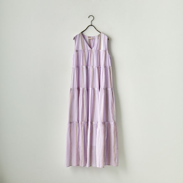【店内全品送料無料】 ne Quittez pas ヌキテパ コットンストライプ スリーブレスギャザードレス 010531GM2 レディース ワンピース 2023SS M パープル/グリーンのサムネイル