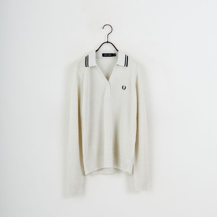 【送料無料】 FRED PERRY フレッドペリー ツインティップライン メタリックニットポロシャツ K1128 レディース トップス 長袖 2025AW S ホワイト/ブルー