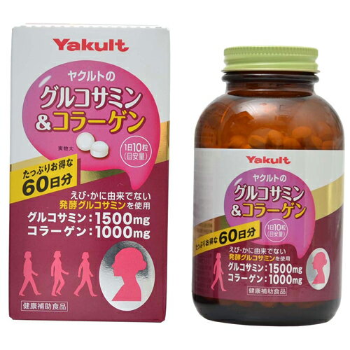 商品名 ヤクルト グルコサミン＆コラーゲン 内容量 174g(290mg×約600粒) 原材料 コラーゲンペプチド、粉末還元麦芽糖水あめ、グルコサミン、セルロース、ショ糖エステル、(原材料の一部にゼラチンを含む 使用方法 1日量(目安)：1...