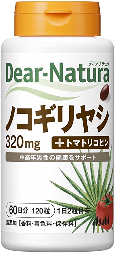 商品名 ディアナチュラ　ノコギリヤシ 内容量 120粒（60日分） 栄養成分 「1日2粒(670mg)当たり」 エネルギー:4.31kcal、たんぱく質:0.24g、脂質:0.35g、炭水化物:0.051g、ナトリウム:0～0.8mg リコピン:1mg 製造工程中で、2粒中にノコギリヤシ果実エキス320mgを配合しています。 広告文責 株式会社ジャパンフーズ 0166-61-8800 メーカー/区分 アサヒグループ食品株式会社 日本/健康食品