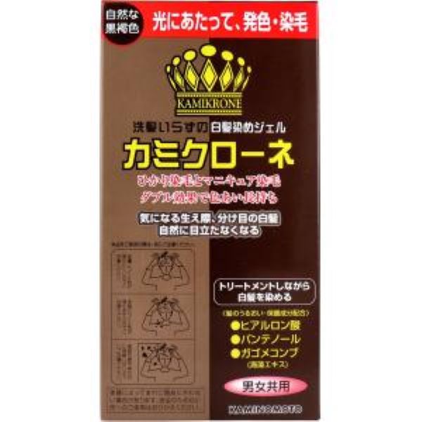 商品名 カミクローネ　ダークブラウン 成分 水、エタノール、ベンジルアルコール、グリセリン、クエン酸、ポリアクリルアミド、水添ポリイソブテン、ラウレス-7、硫酸銀、ヒアルロン酸Na、パンテノール、褐藻エキス、ユーカリ油、イオウ、黒401、紫401、橙205 メーカー 株式会社加美乃素本舗 内容量 80ml 区分 日本/ヘアカラー 広告文責 株式会社ジャパンフーズ 0166-61-8800