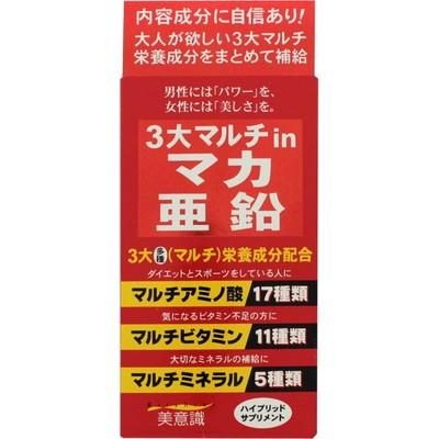 商品名 3大マルチin　マカ・亜鉛 原材料 マカ粉末、大豆ペプチド、デキストリン、乳糖、マグネシウム含有パン酵母、マカエキス、亜鉛含有ビール酵母、鉄含有パン酵母、銅含有ビール酵母、ビタミンE調整油乳化粉末、結晶セルロース、β-カロテン、加工デンプン、貝カルシウム、ショ糖脂肪酸エステル、V.C、二酸化ケイ素、L-バリン、L－ロイシン、L-イソロイシン、L-アルギニン、リジン、ヒスチジン、L－フェニルアラニン、L-チロシン、L－メチオニン、DL-アラニン、グリシン、L－プロリン、L-グルタミン酸、L-スレオニン、L-アスパラギン酸Na、L-トリプトファン、L-シスチン、ニコチン酸アミド、パントテン酸Ca、V.D、V.B2、V.B1、V.B6、葉酸、V.B12 メーカー 美意識株式会社 内容量 100粒 区分 日本/健康食品 広告文責 株式会社ジャパンフーズ 0166-61-8800