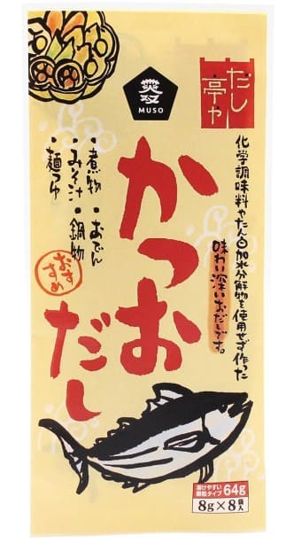 商品名 だし亭や　かつおだし 原材料 食塩（国内製造）、麦芽糖、砂糖、かつお節粉末、酵母エキス粉末、こんぶ粉末 メーカー ムソー株式会社 内容量 8g×8包 区分 日本/食品 広告文責 株式会社ジャパンフーズ 0166-61-8800