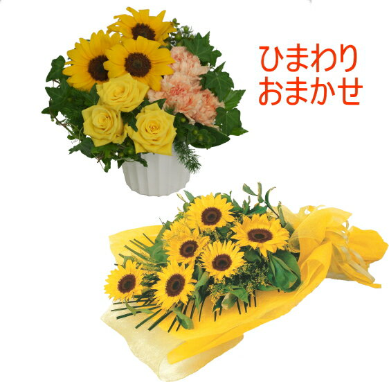 商品情報 ■商品名（品番） ひまわりのおまかせ花束orアレンジ（OH-006) ■サイズ・形式 サイズと使用花材はおまかせとなります。ご指定はできませんので予めご了承下さい。 ■商品紹介 夏を代表するお花、ひまわりをメインにしたお花屋さんにおまかせ花束orアレンジです。お好みの形式をお選び下さい。 ■ご注意事項 1.掲載写真はイメージです。商品のお届けはご依頼頂きましたお届け先様の最寄りの生花店より配達(または地域の出荷拠点より出荷)致しますので、地域風習や季節により花材や資材の仕様が若干変更されます。 2.ご注文の際、ご用途（御祝（何祝い）・誕生日・お見舞・御供・その他（父の日用等））を備考欄にご記入下さい。ご記入がない場合はお祝い用としてお作り致します。 3.メッセージカードを無料でお付けすることが可能です。（全角30文字程度）ご注文の際、備考欄にご記入下さい。 4.お届け日のご指定がある場合はご注文の際ご記入下さい。ご指定がない場合はご注文日の翌日お届けにて手配致します。※母の日など繁忙期は、ご希望の日時指定に沿えない場合もございます。 5.あす楽対応につきまして、離島など一部例外の地域もございます。離島などへのお届けにつきましては事前に当店へお問い合わせをお願い致します。 あす楽の受付は、お届け希望日の前日14時までとなります。 ※あす楽対応商品につきましても確認の為お届け指定日をご記入頂きますようお願い致します。 【あす楽の受付と配達の例】 1）4月1日14時00分までの受付⇒4月2日のお届けができます。 2）4月1日14時01分からの受付⇒4月3日のお届けとなります。
