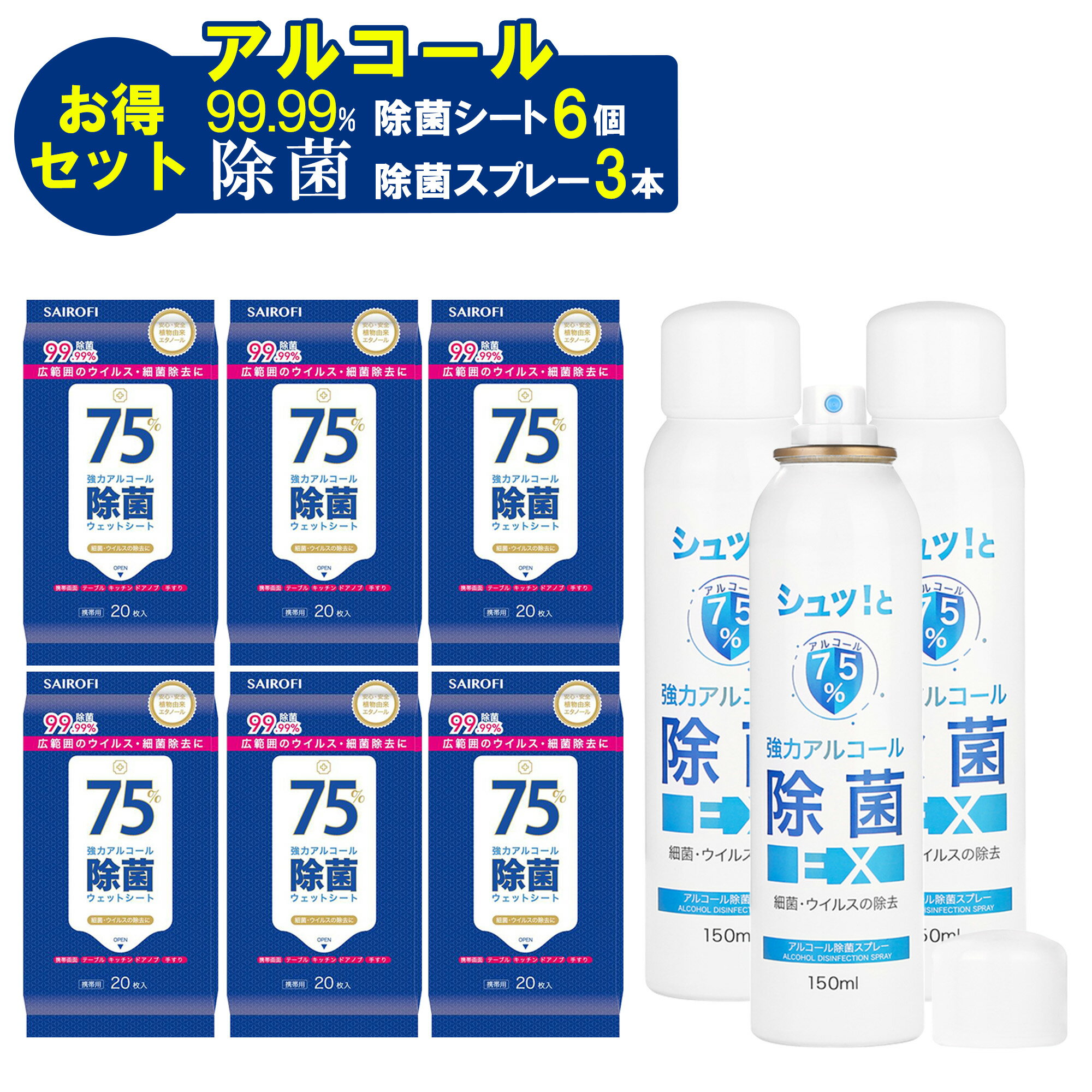 楽天スーパーSALE！最強コンビ登場！75％高濃度アルコール除菌スプレー3本＆ウェットシート6個 最強お得セット 99.99％除菌 送料無料 ジャパングッズ