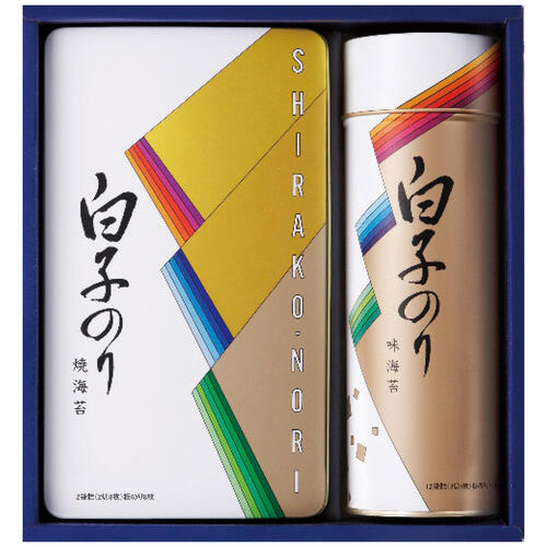 焼のり(2切8枚2袋)・味のり(8切5枚12袋)各1缶・賞味期間/製造日より常温約1080日・［日本製］・【小麦・えび・大豆】●箱サイズ23×25×8cm・60サイズ・580g新鮮な美味しさと、品質にこだわった長年愛され続ける詰合せ。