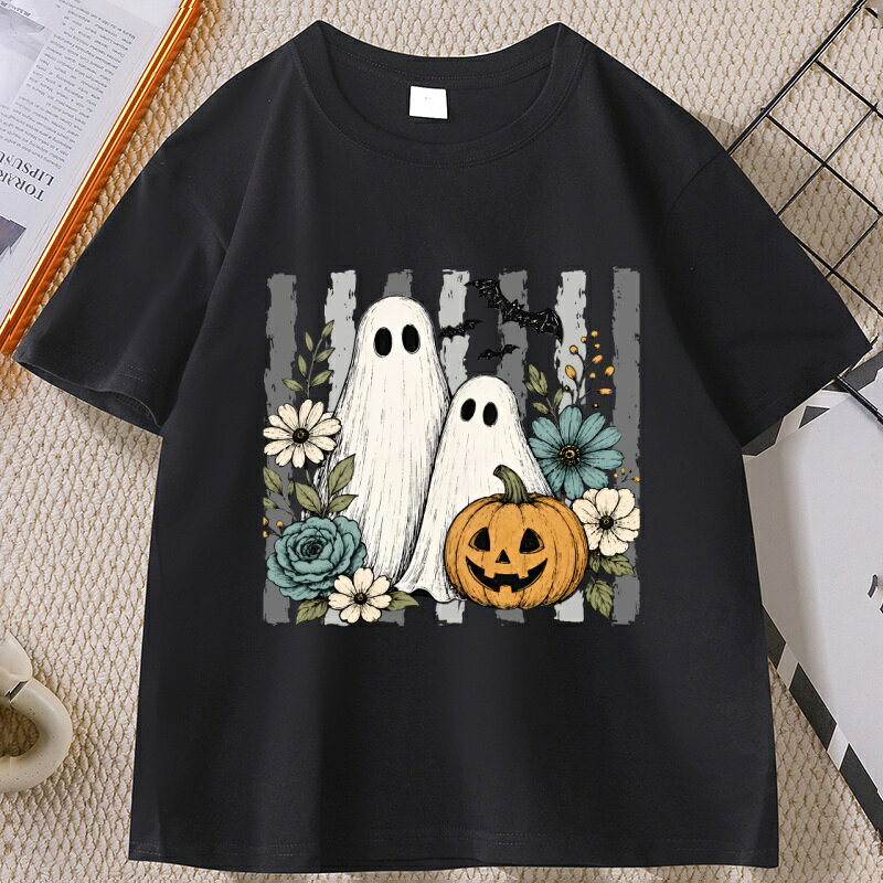ハロウィン風 半袖 T シャツ ゴーストとカボチャ花イラストプリント グラフィック T ユニセックス カジュアル jiangshop-10001081 JiangShop パッケージ画像