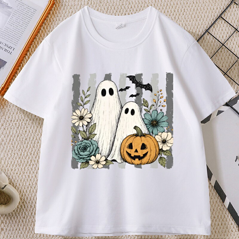 ハロウィン風 半袖 T シャツ ゴーストとカボチャ花イラストプリント グラフィック T ユニセックス カジュアル jiangshop-10001081 JiangShop サンプル画像2